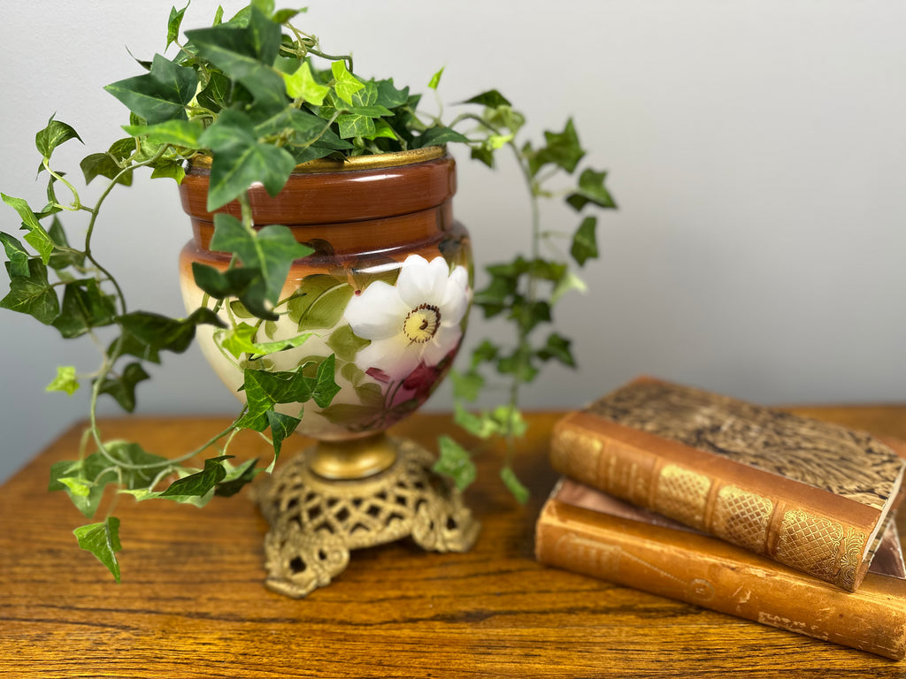 Victorian Hand-Painted Bristol Glass Vase on Ornate Filigree Base