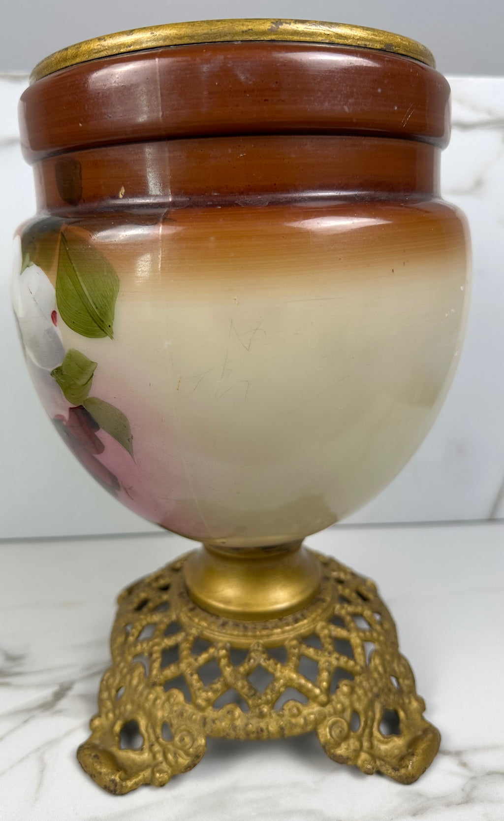 Victorian Hand-Painted Bristol Glass Vase on Ornate Filigree Base