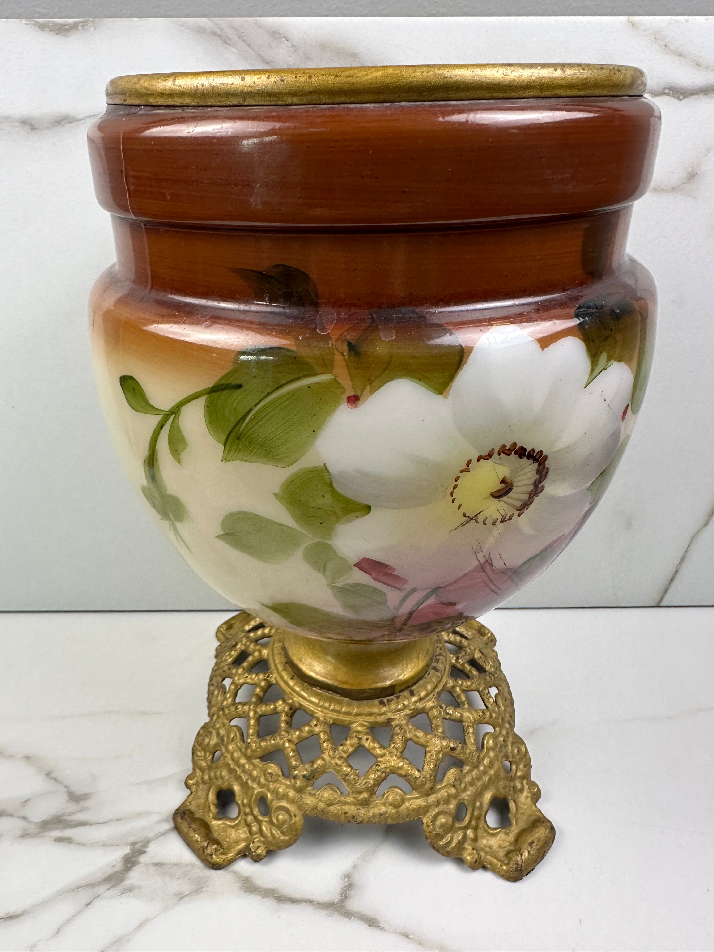 Victorian Hand-Painted Bristol Glass Vase on Ornate Filigree Base