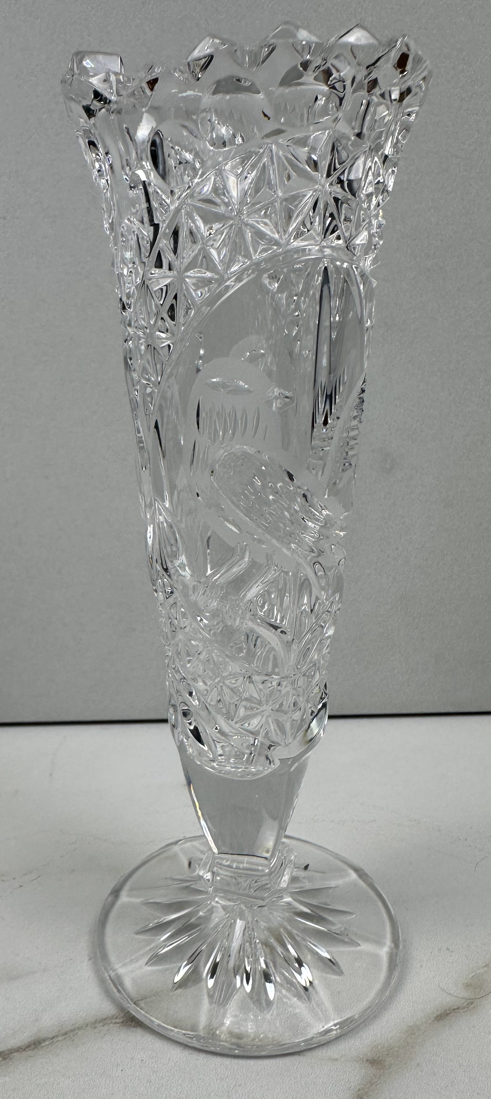 Hofbauer Byrdes Lead Etched Crystal Trumpet Vase