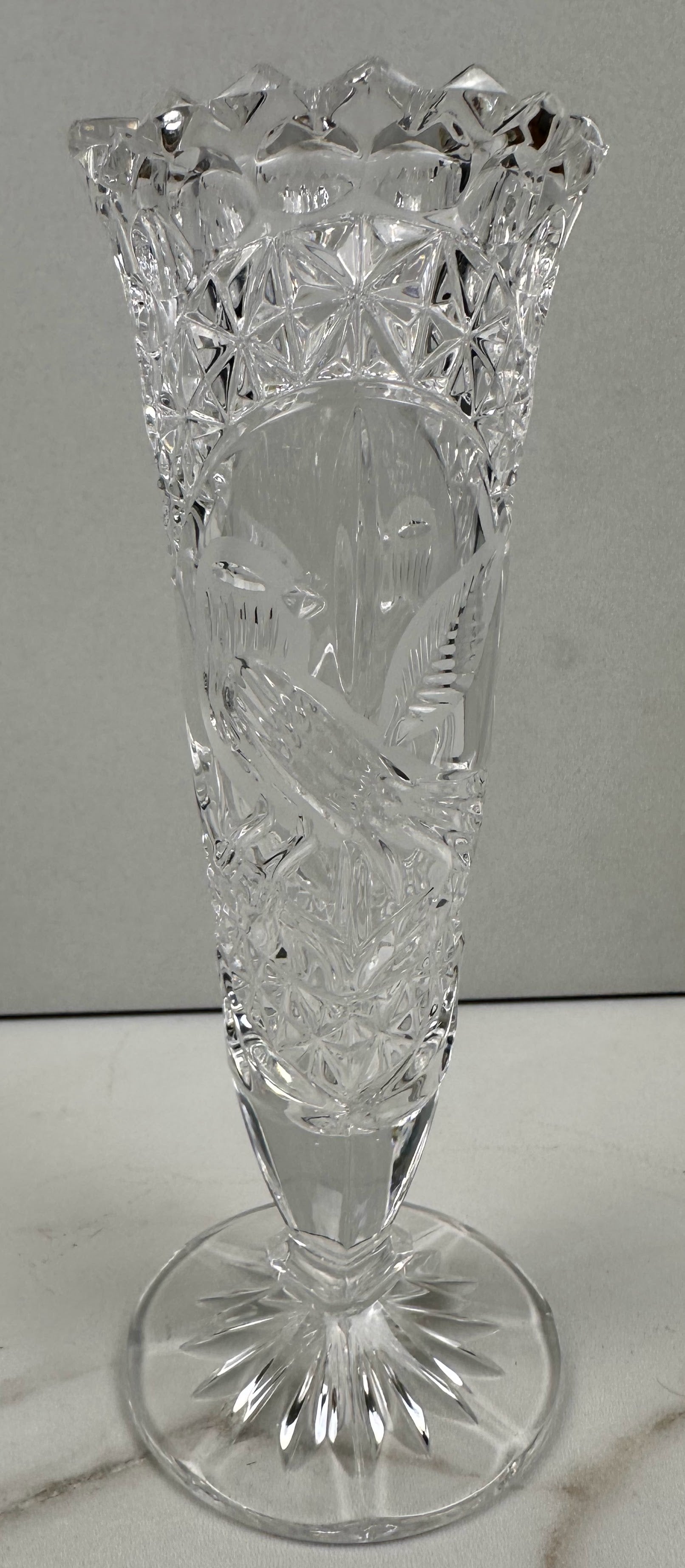 Hofbauer Byrdes Lead Etched Crystal Trumpet Vase