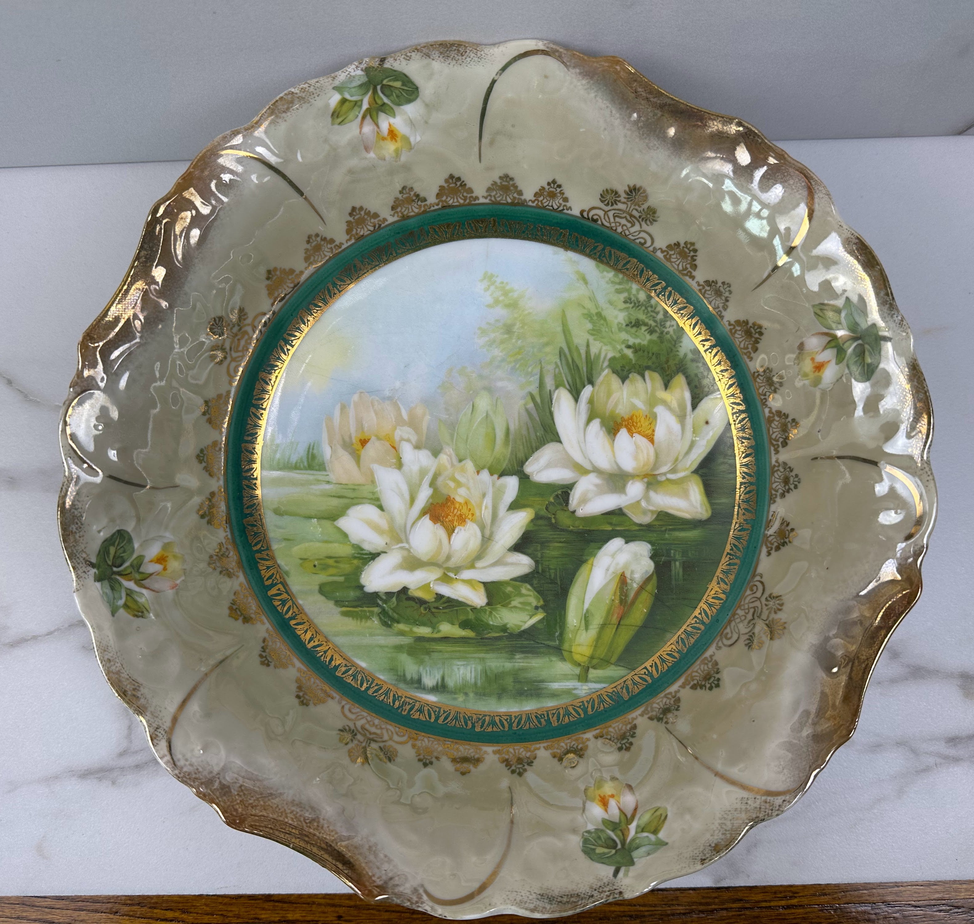 Victorian Scalloped Porcelain Bowl  with Hand Painted Water Lily