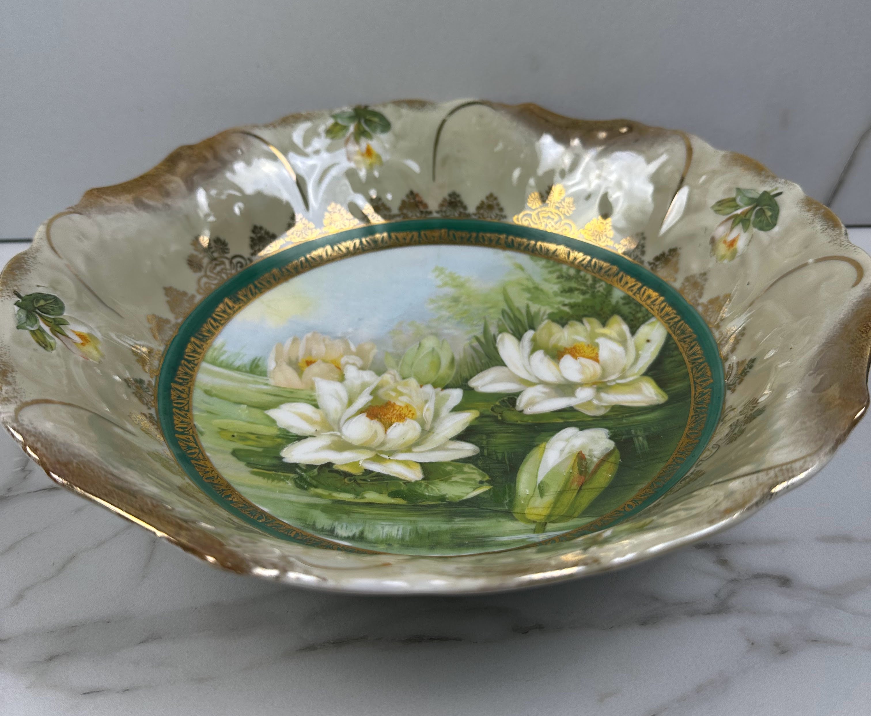 Victorian Scalloped Porcelain Bowl  with Hand Painted Water Lily