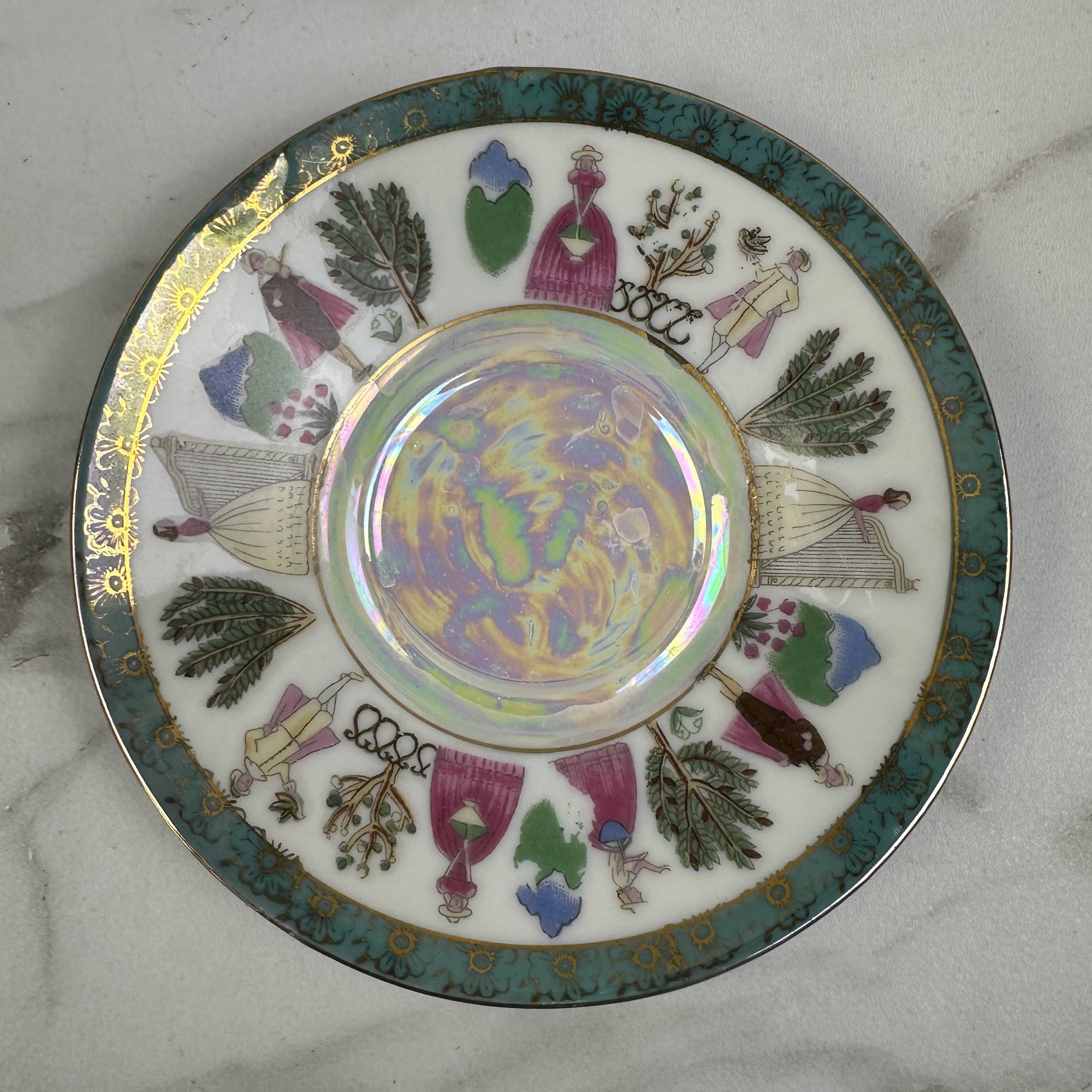 Lusterware Porcelain Saucer with Regency Figures and Teal Gold Border