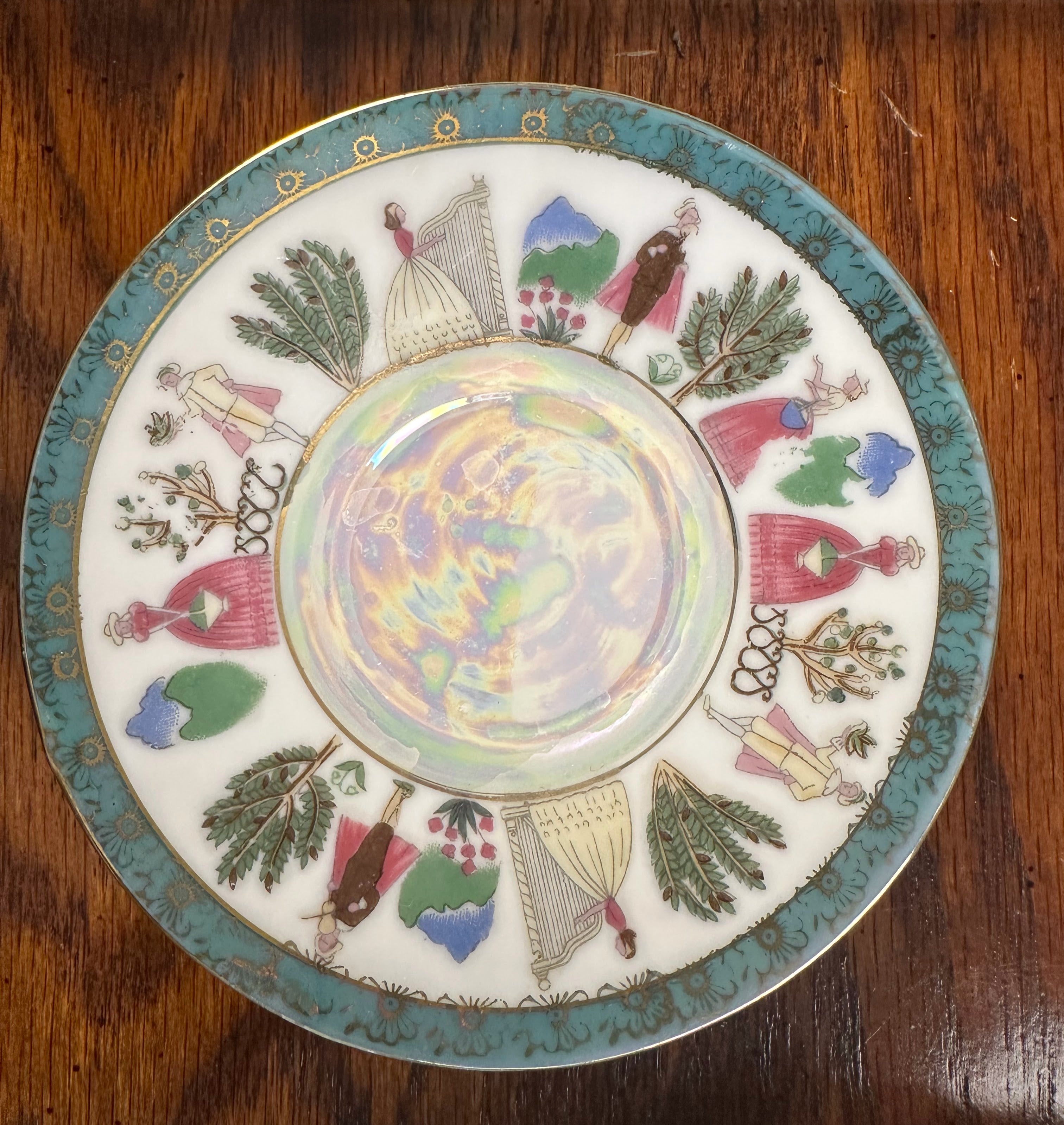 Lusterware Porcelain Saucer with Regency Figures and Teal Gold Border