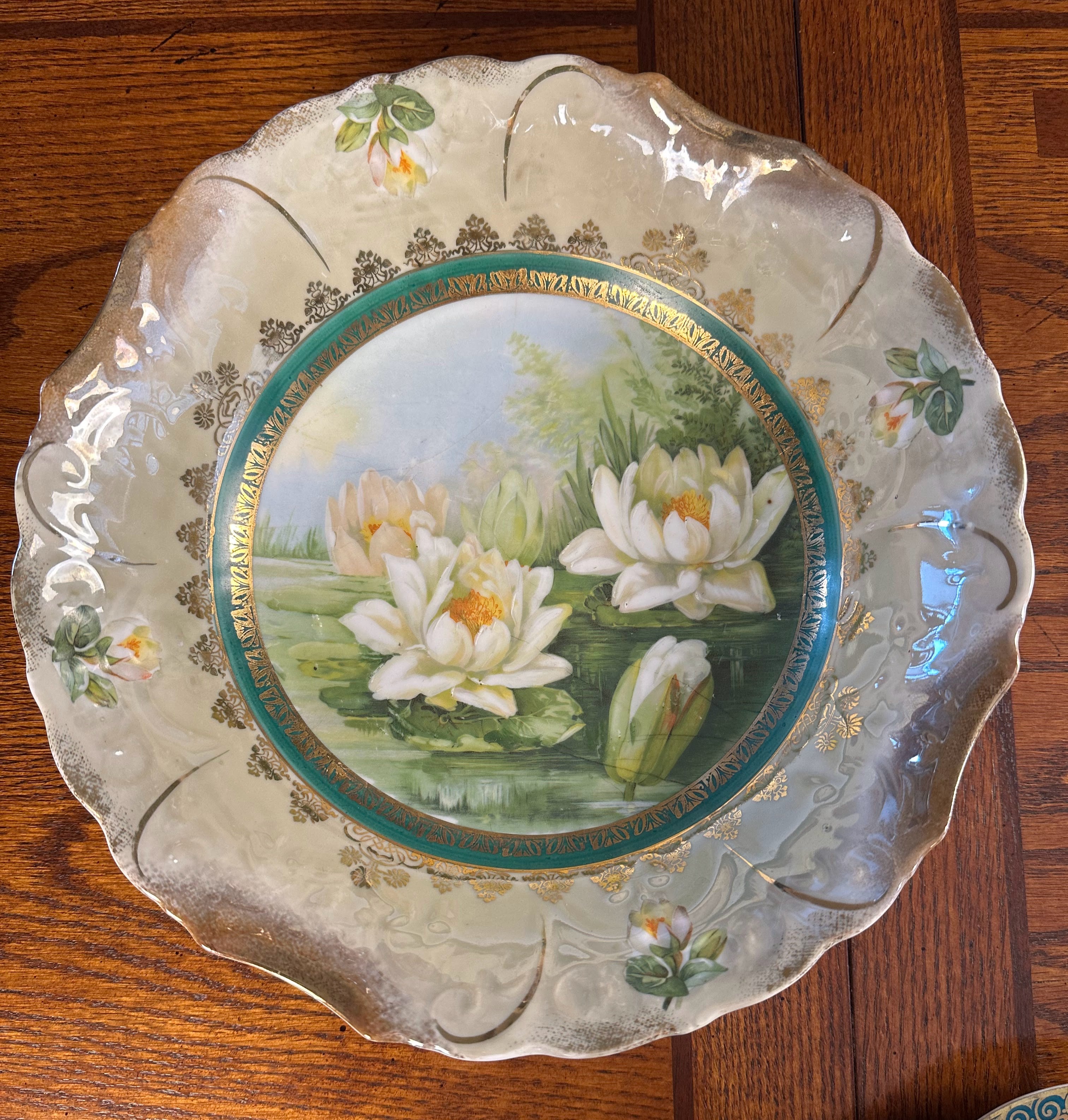 Victorian Scalloped Porcelain Bowl  with Hand Painted Water Lily