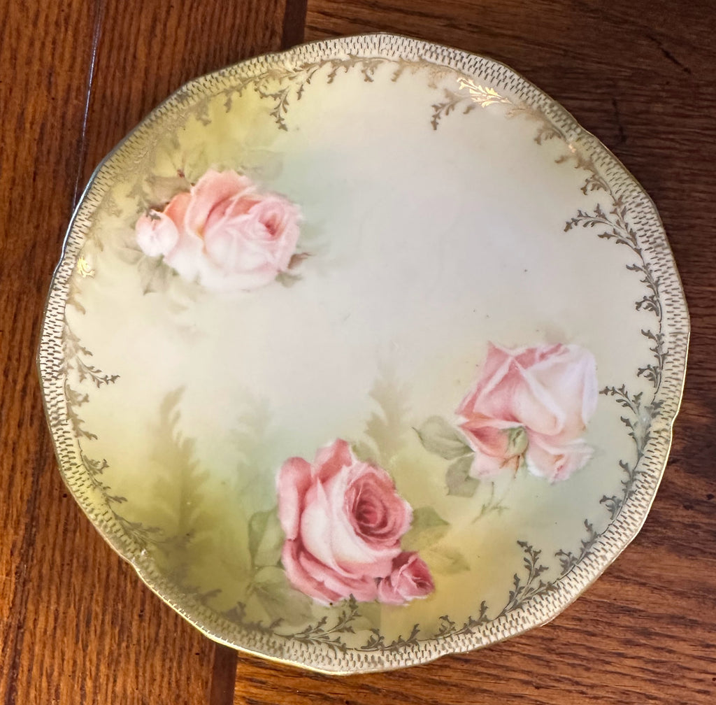 R.S. Prussia Hand-Painted Porcelain Plate with Pink Roses and Gold Accent Trim