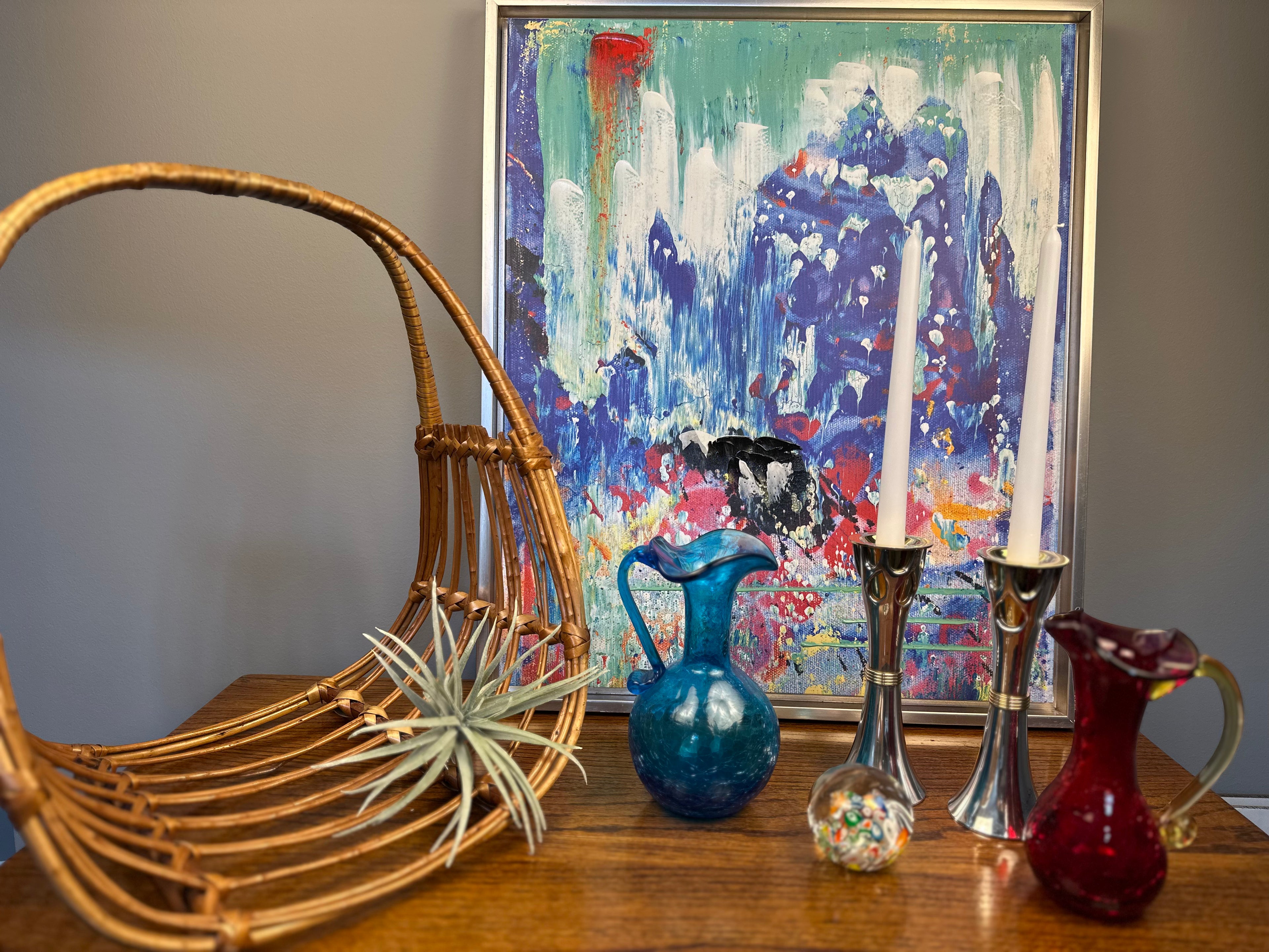 Hand-Blown Blue Crackle Glass Pitcher