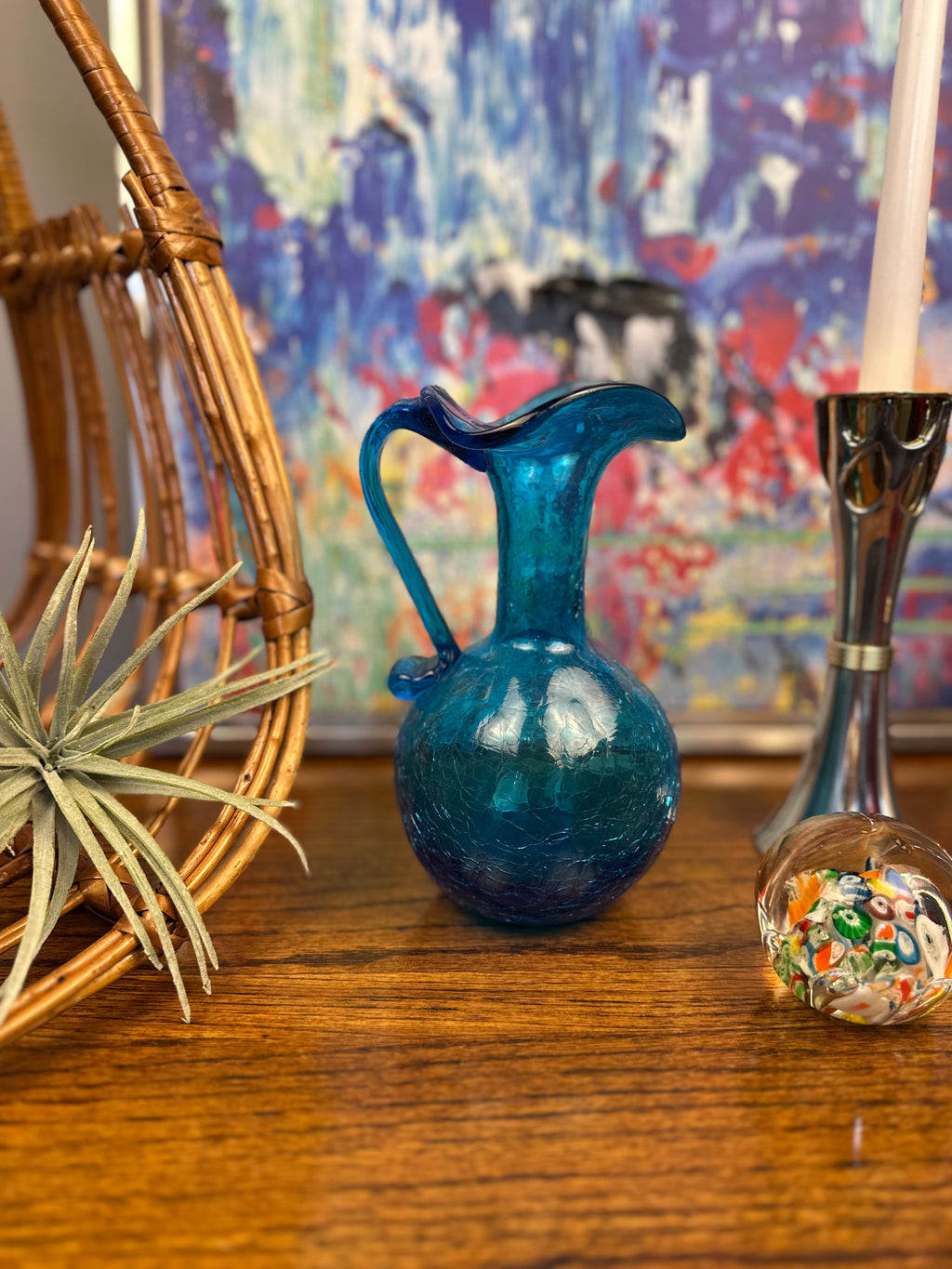 Hand-Blown Blue Crackle Glass Pitcher
