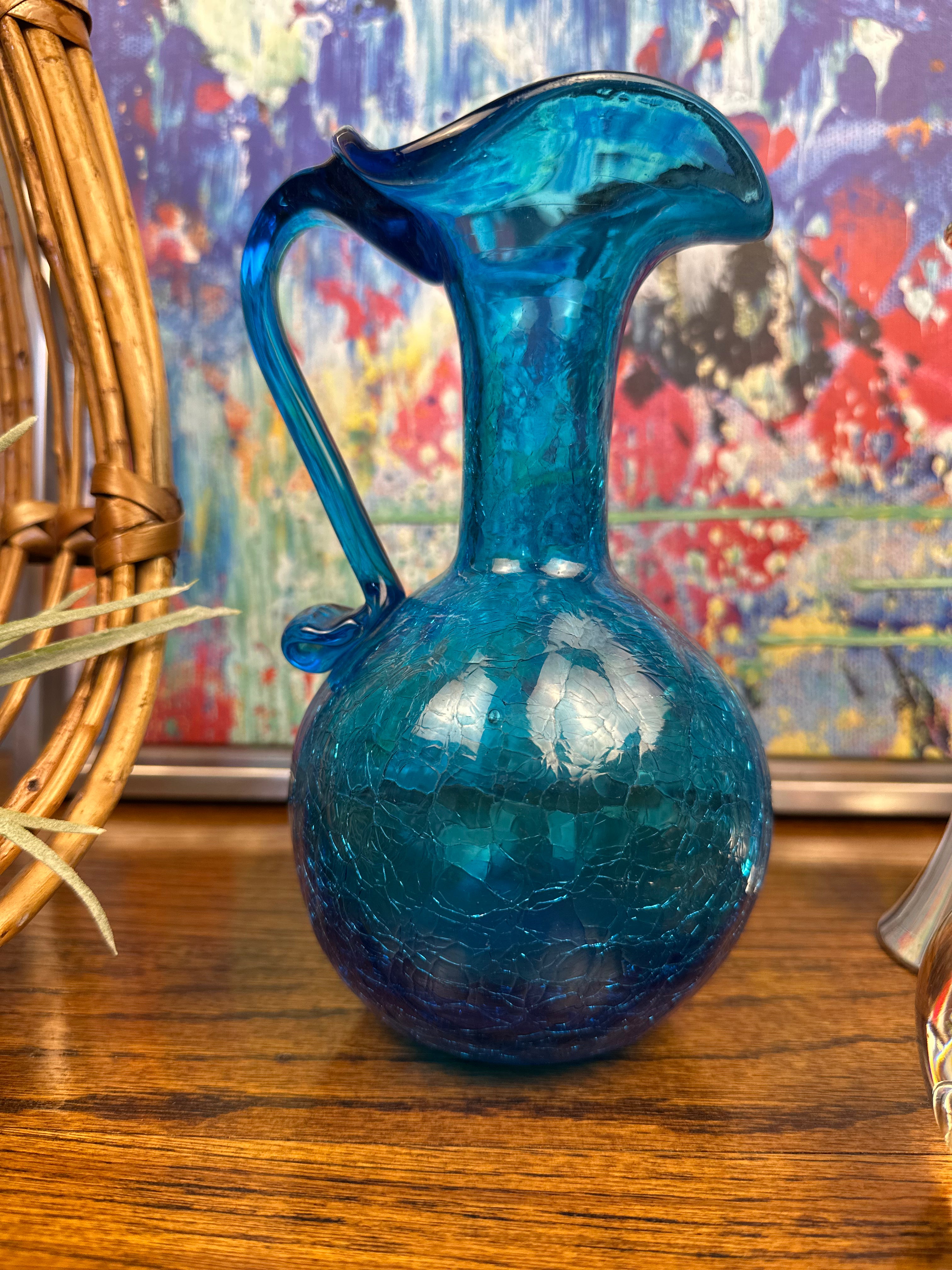 Hand-Blown Blue Crackle Glass Pitcher
