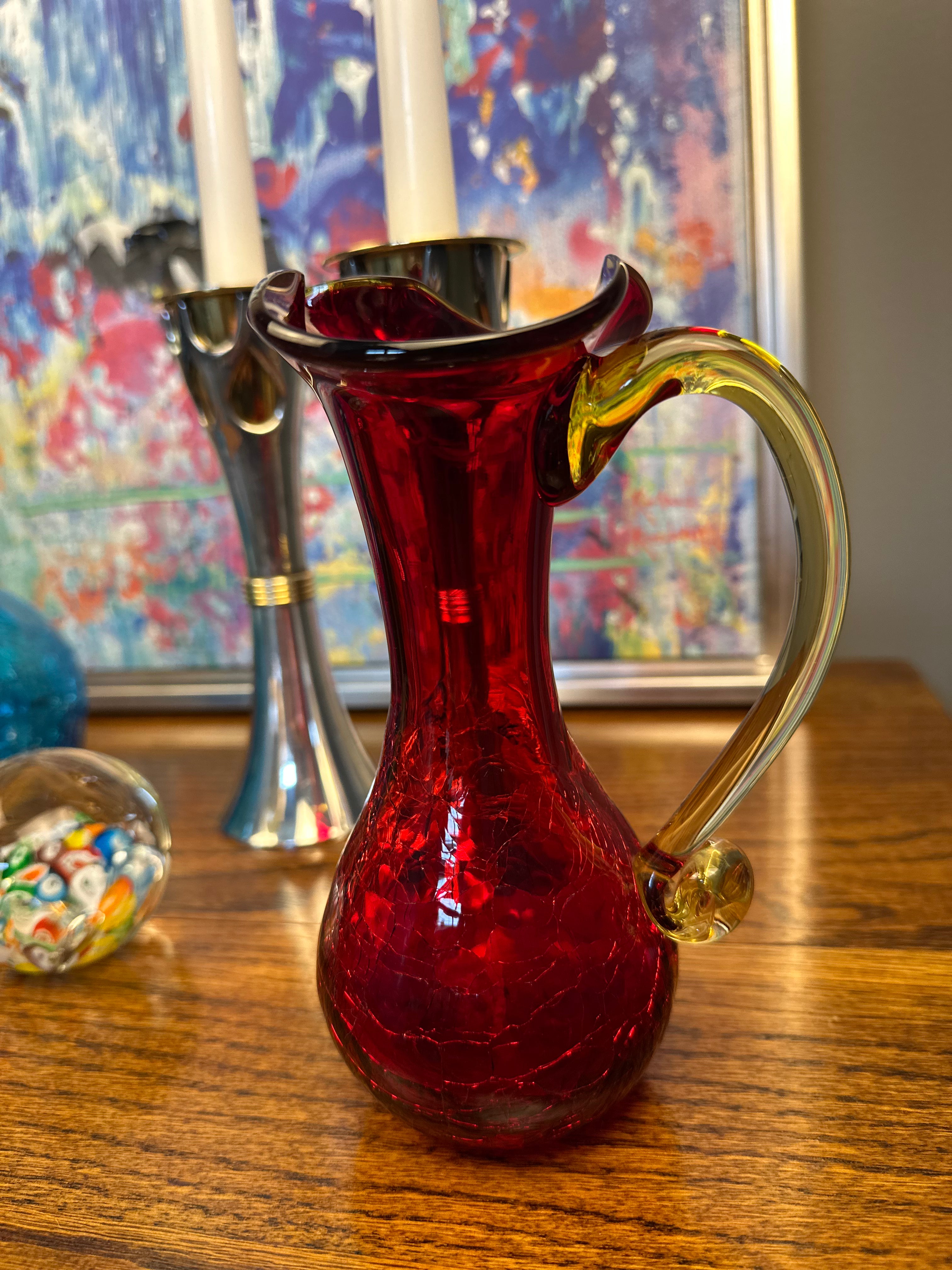 Hand-Blown Red and Amber Crackle Glass Pitche