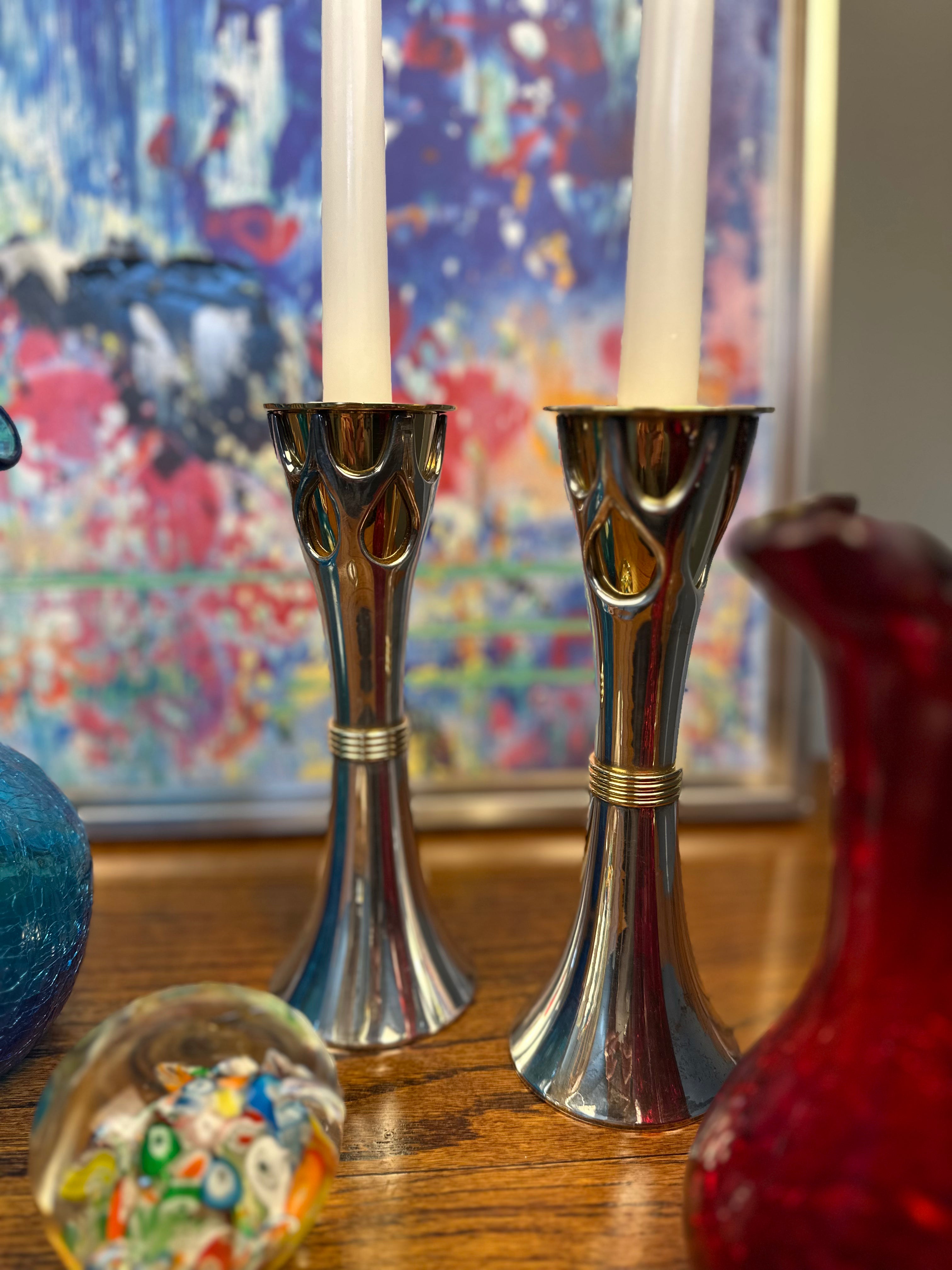 Pair of Rosenthal Judaica Collection Tree of Life Shabbat Candlesticks - Designed by Sandra Kravitz Silver and Gold Plated