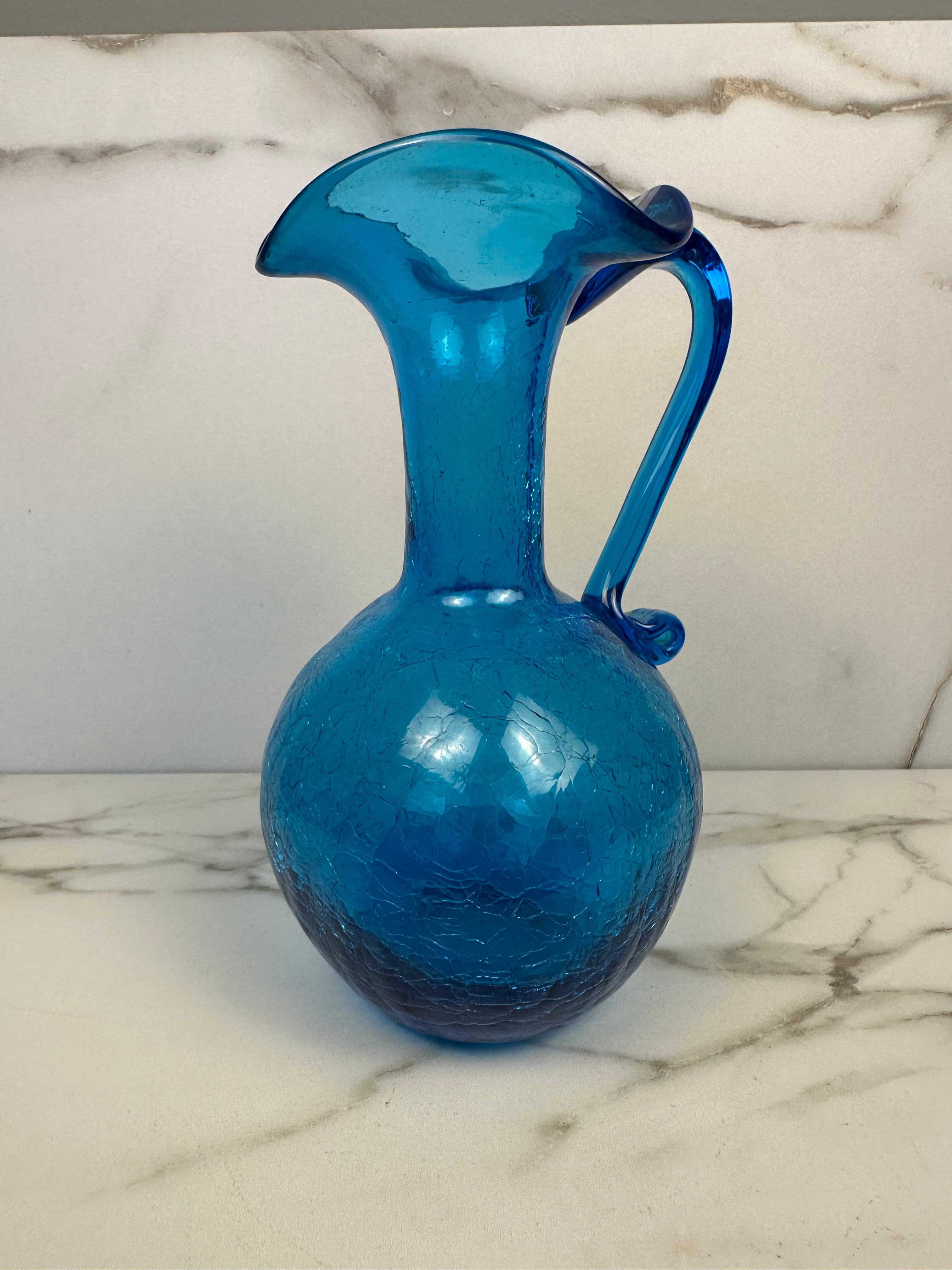 Hand-Blown Blue Crackle Glass Pitcher