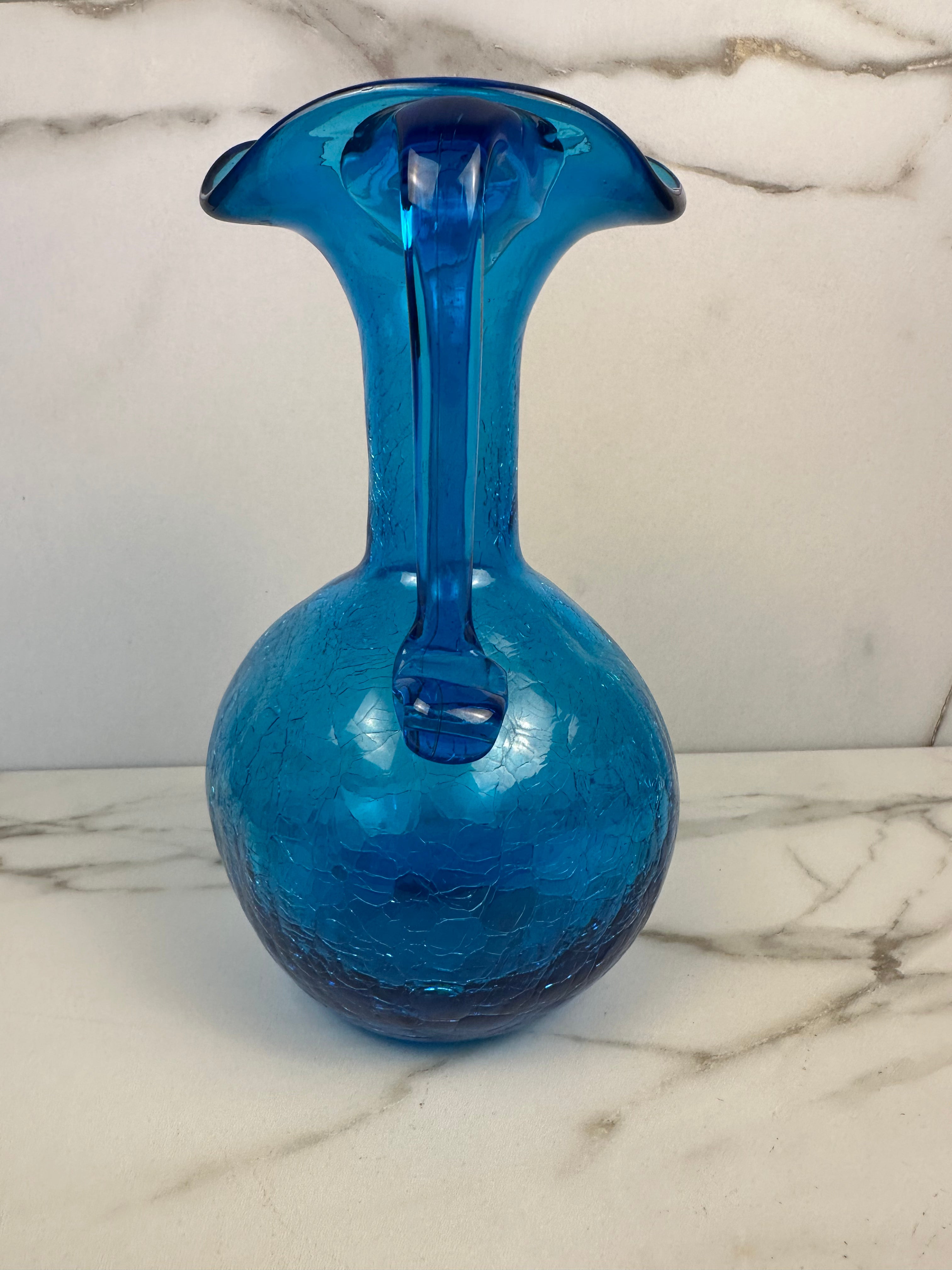 Hand-Blown Blue Crackle Glass Pitcher