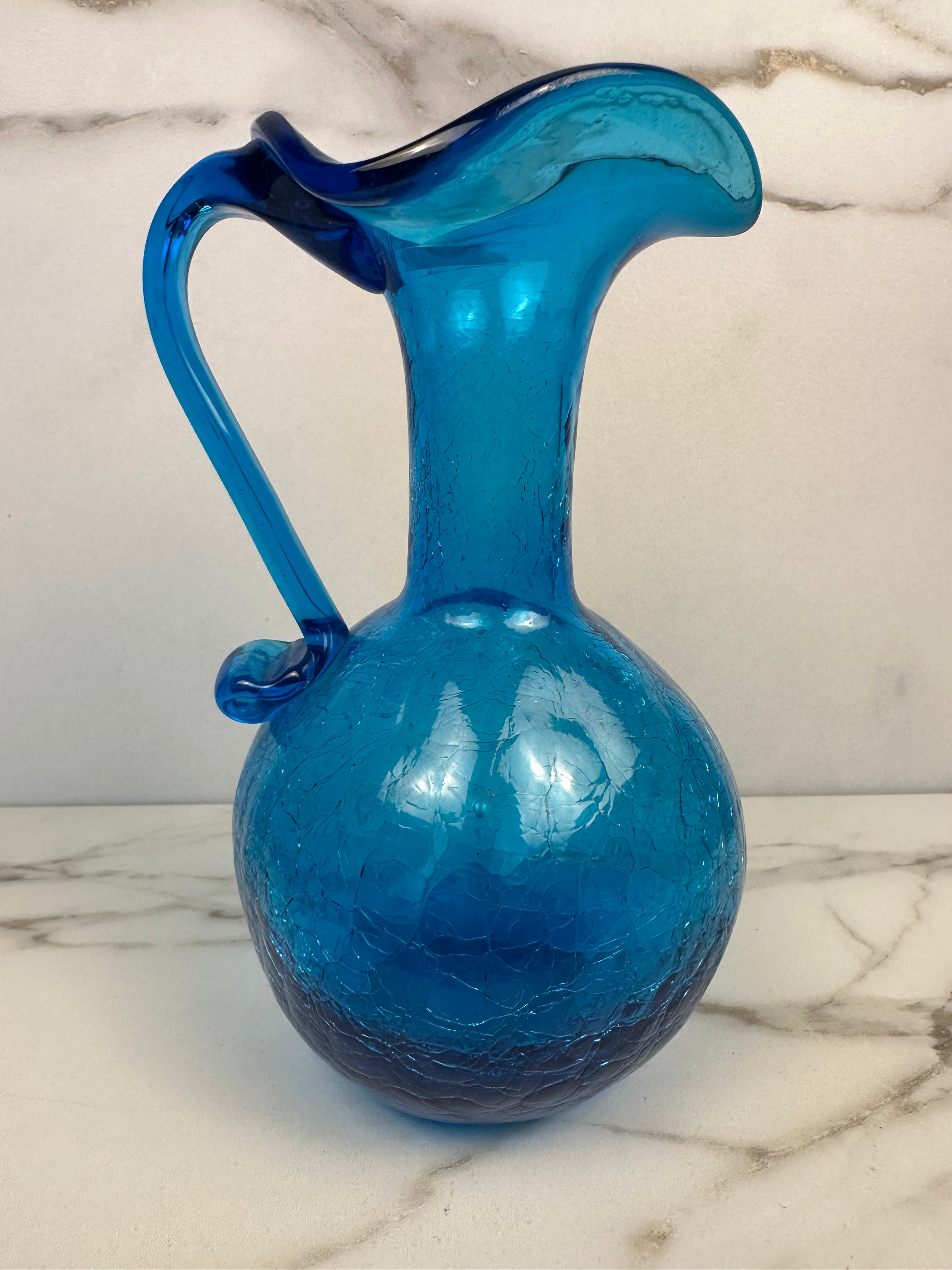 Hand-Blown Blue Crackle Glass Pitcher