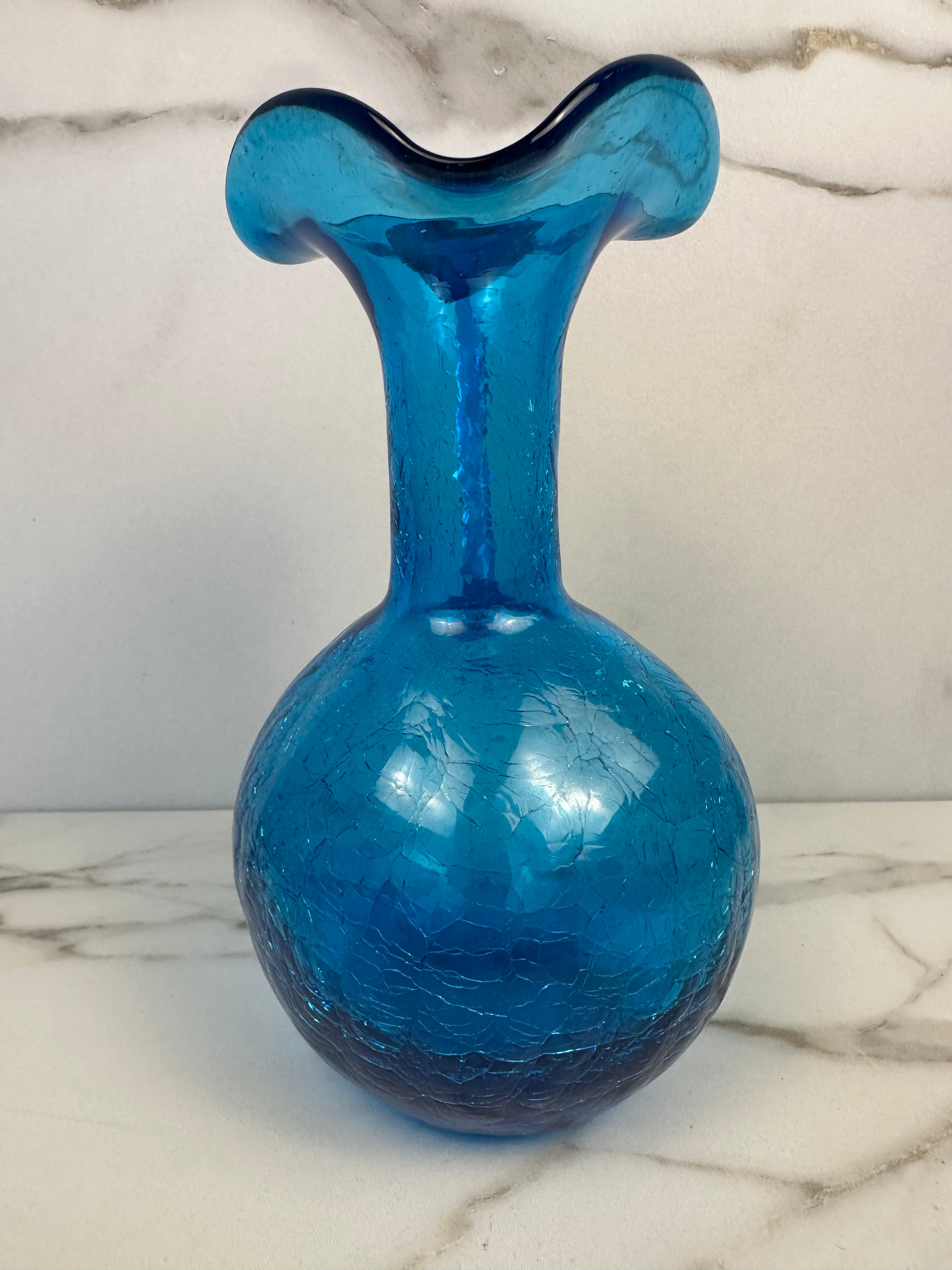 Hand-Blown Blue Crackle Glass Pitcher