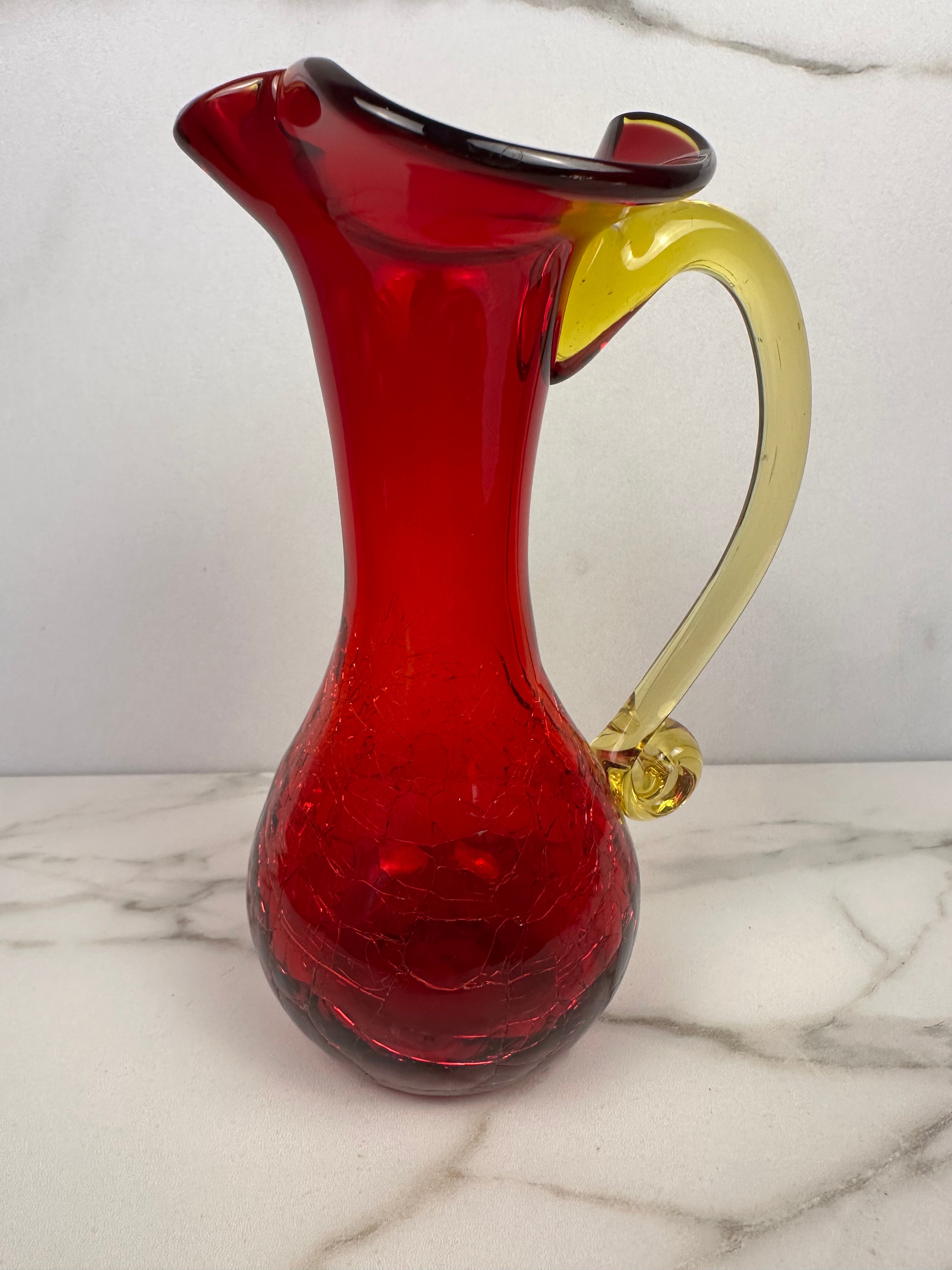 Hand-Blown Red and Amber Crackle Glass Pitche