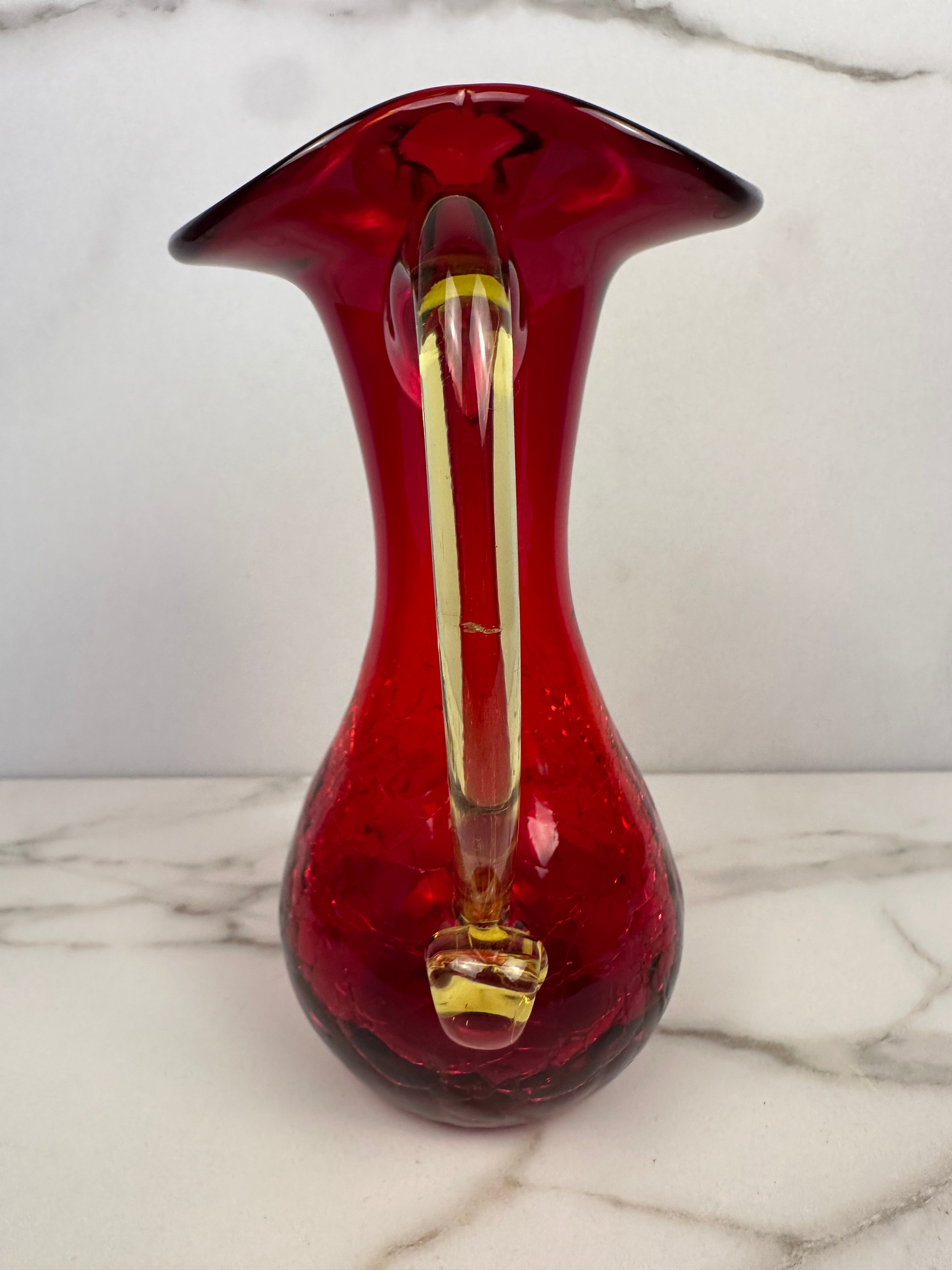 Hand-Blown Red and Amber Crackle Glass Pitche