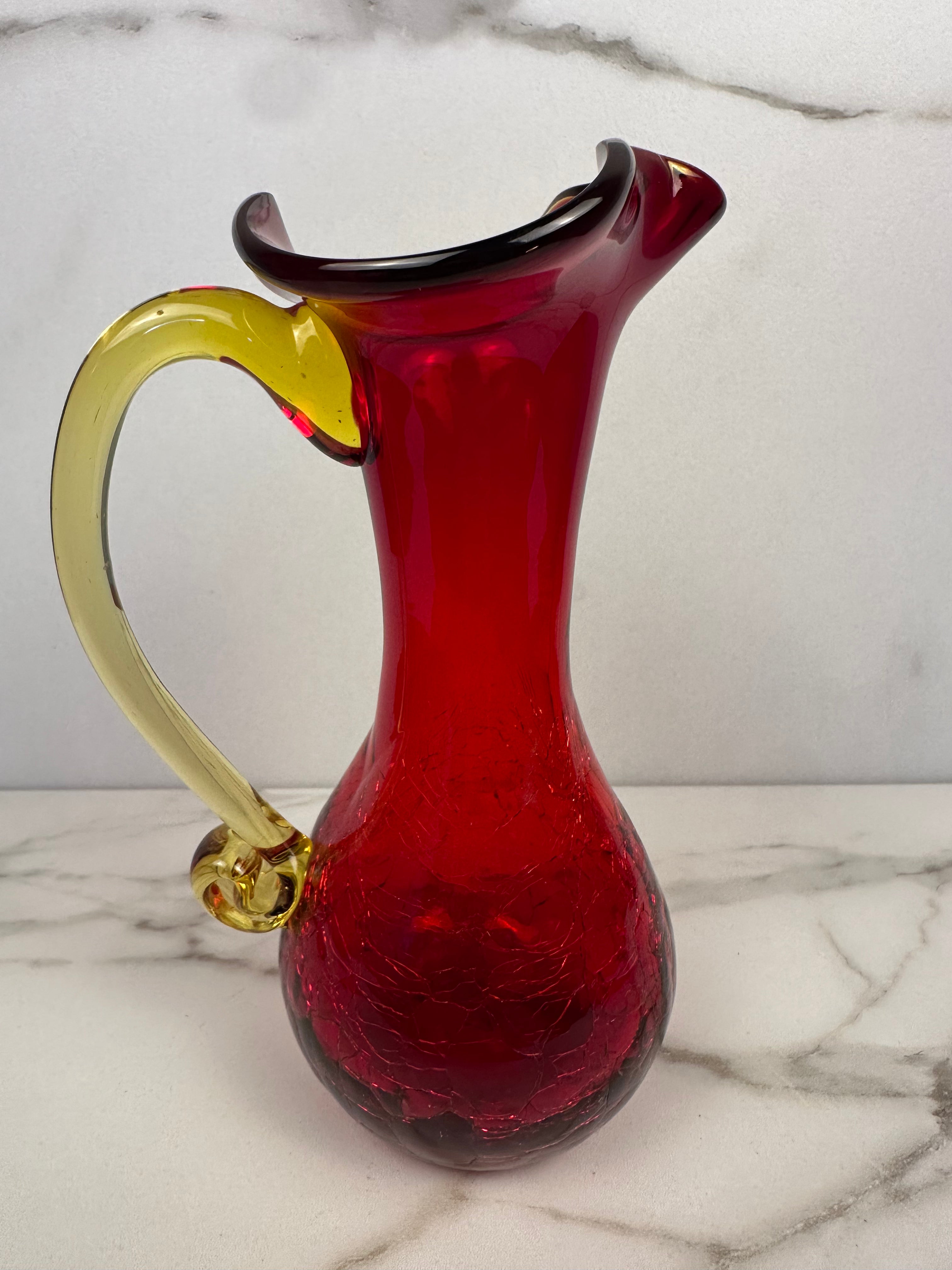 Hand-Blown Red and Amber Crackle Glass Pitche