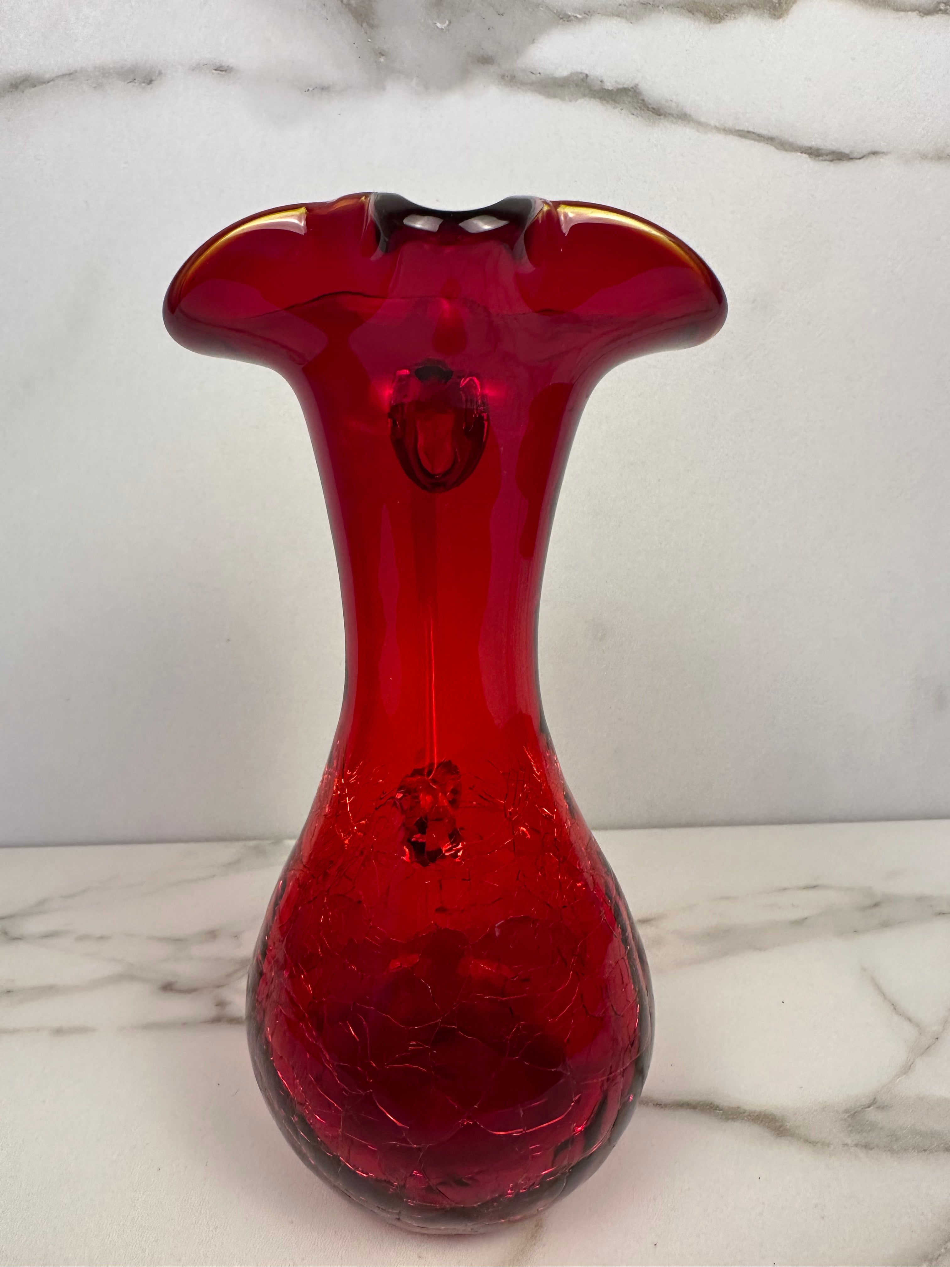 Hand-Blown Red and Amber Crackle Glass Pitche