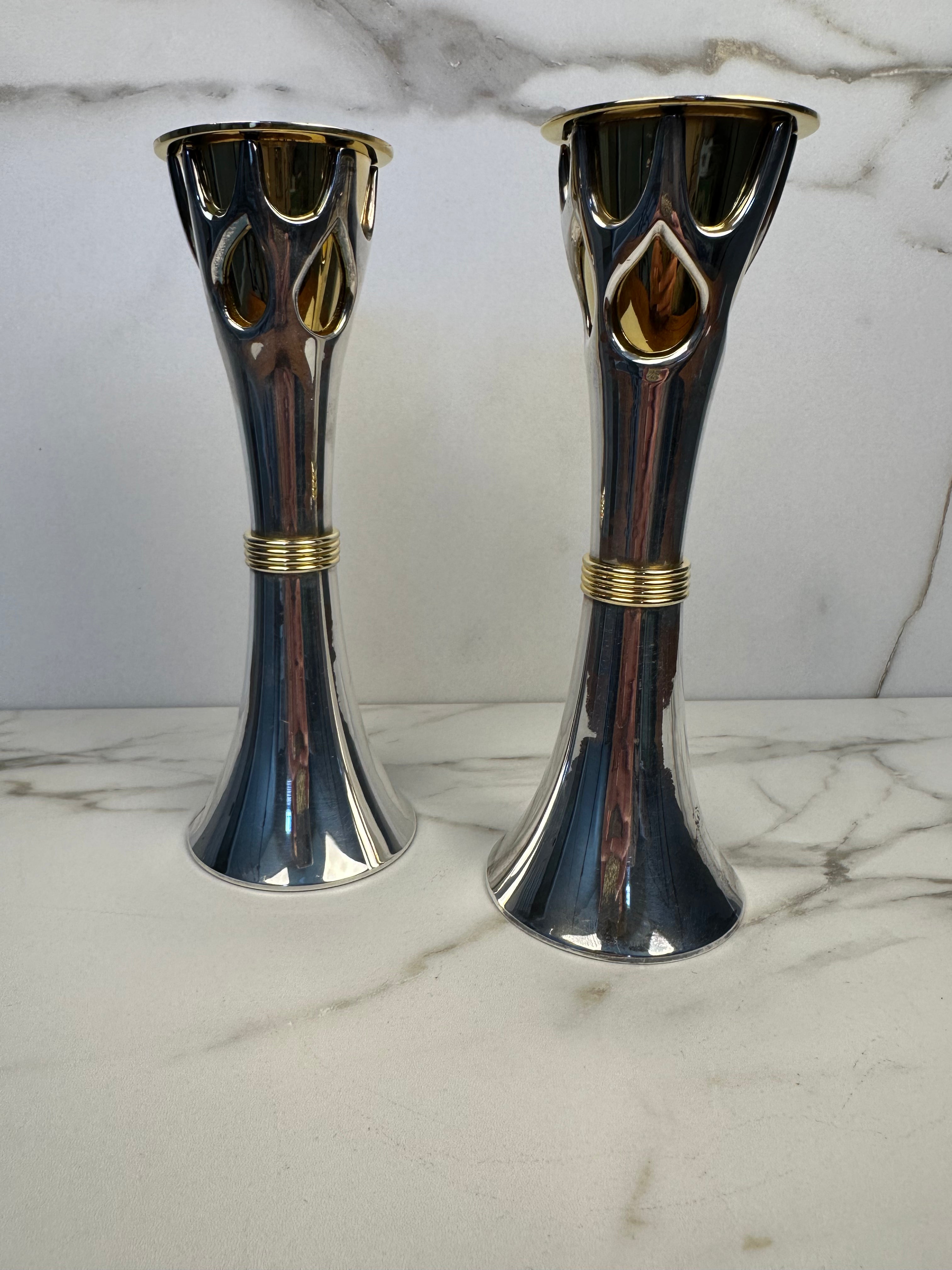 Pair of Rosenthal Judaica Collection Tree of Life Shabbat Candlesticks - Designed by Sandra Kravitz Silver and Gold Plated