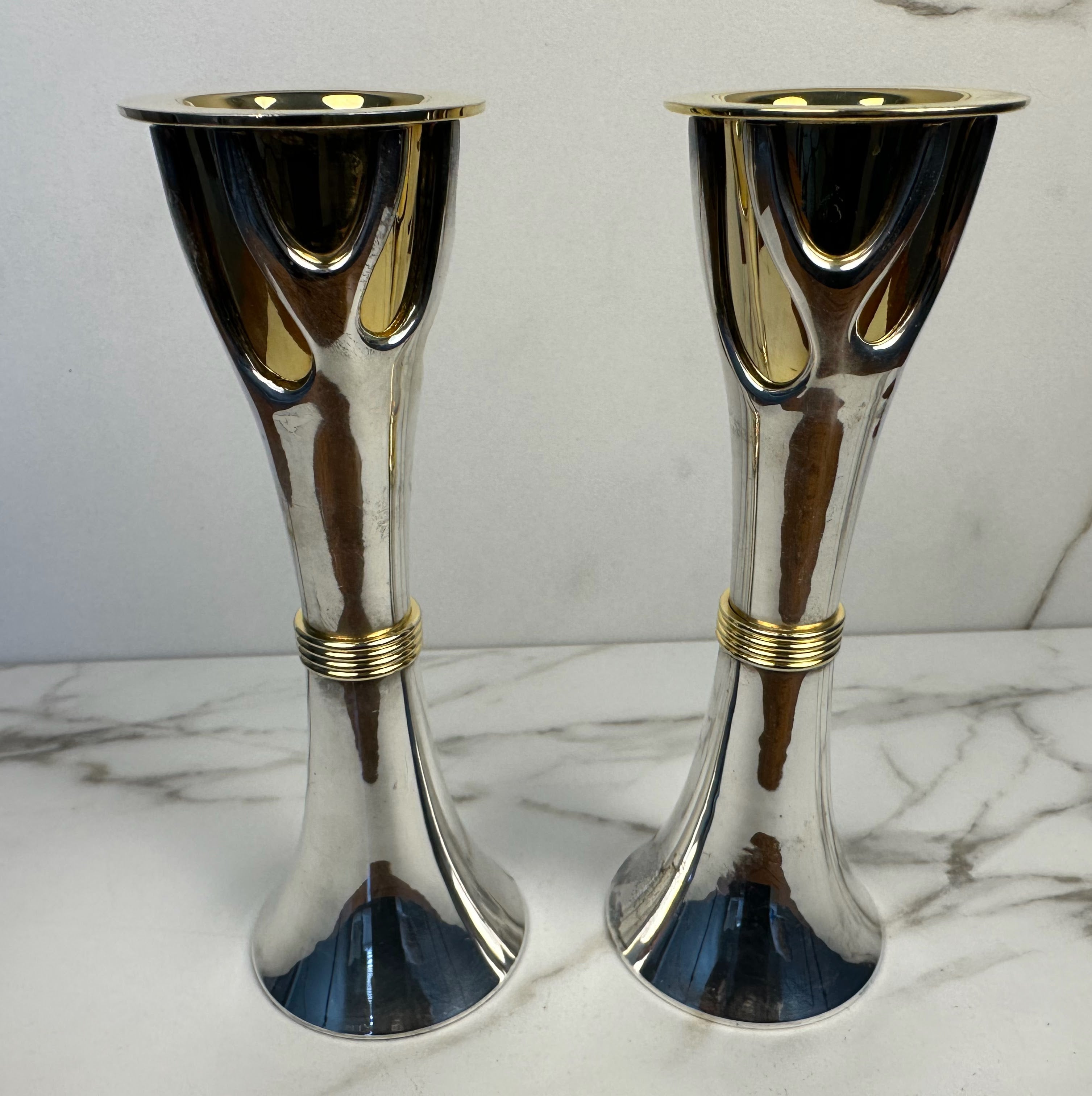 Pair of Rosenthal Judaica Collection Tree of Life Shabbat Candlesticks - Designed by Sandra Kravitz Silver and Gold Plated