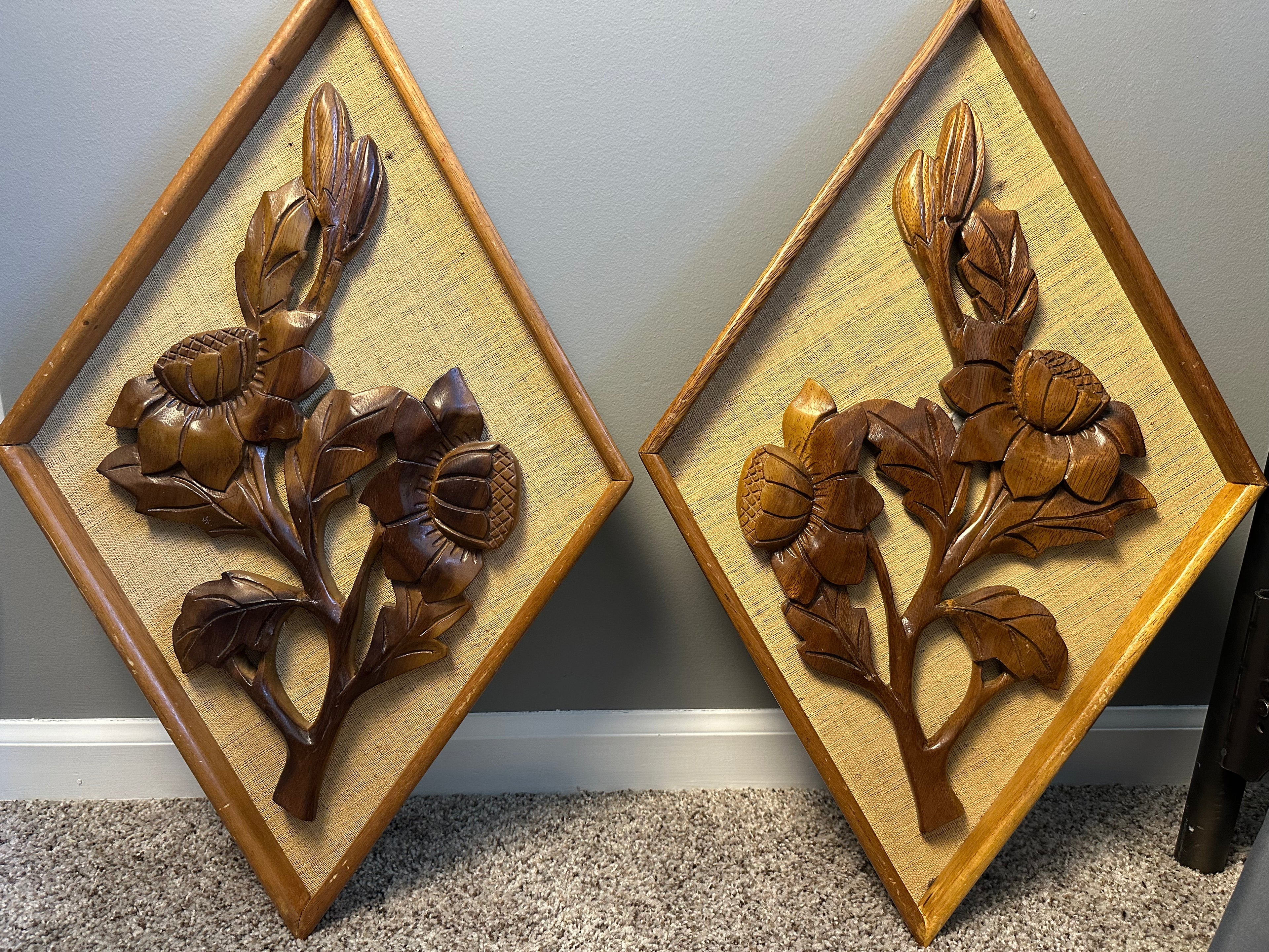 Vintage Mid-Century Carved Wood Floral Wall Art – Pair
