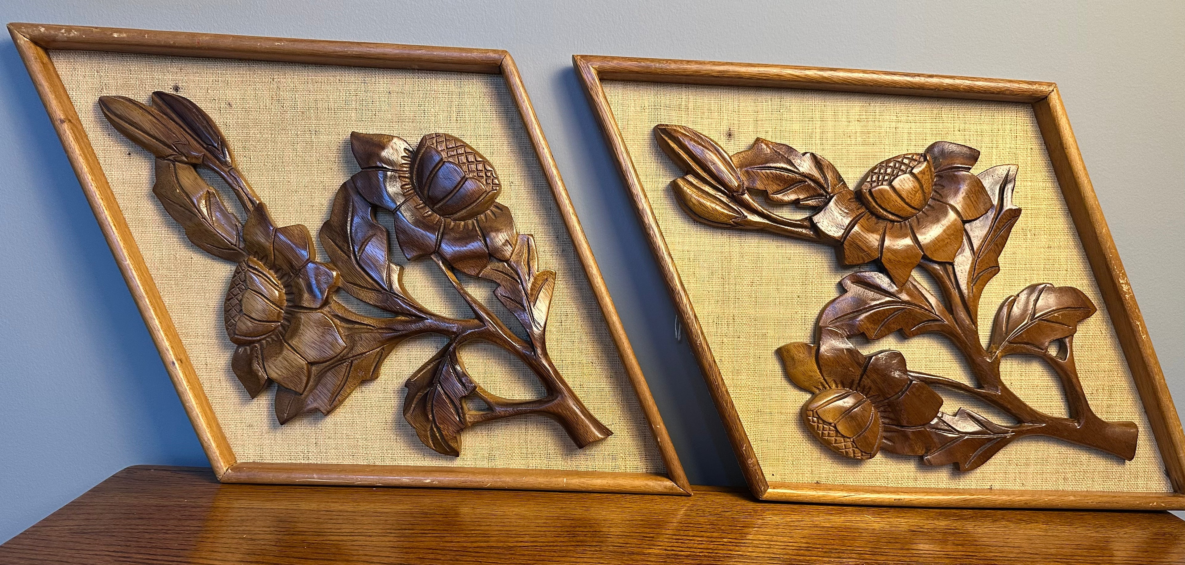 Vintage Mid-Century Carved Wood Floral Wall Art – Pair