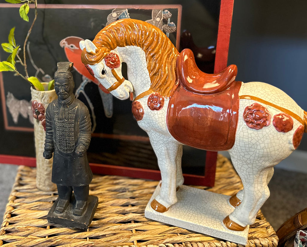 Vintage Chinese War Horse Ceramic Figurine