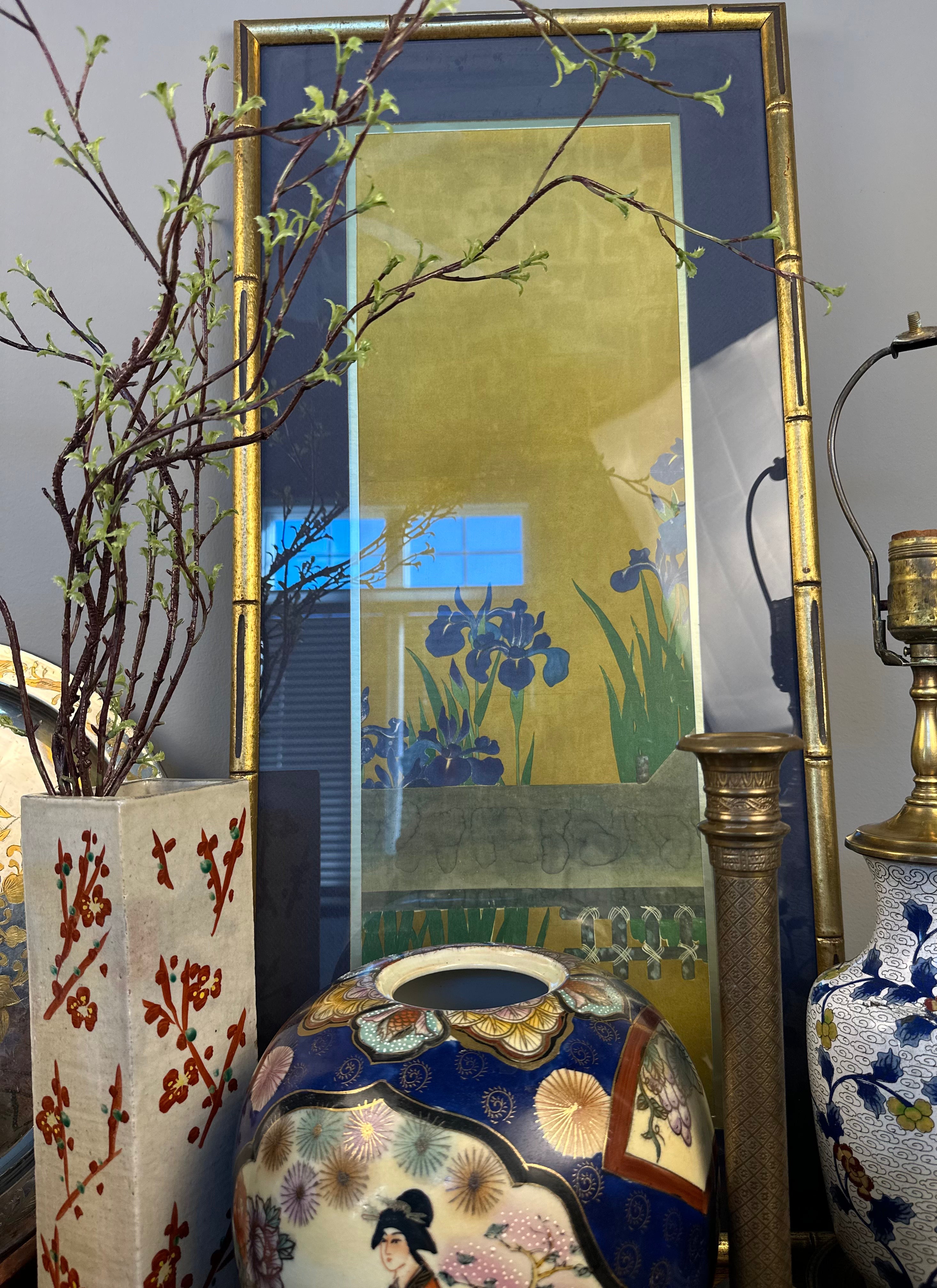 Academy of Arts – Vintage Print of Irises at Yatsuhashi by Ogata Korin (After the 6-Panel Screen, Presented in Gold Bamboo-Style Frame)