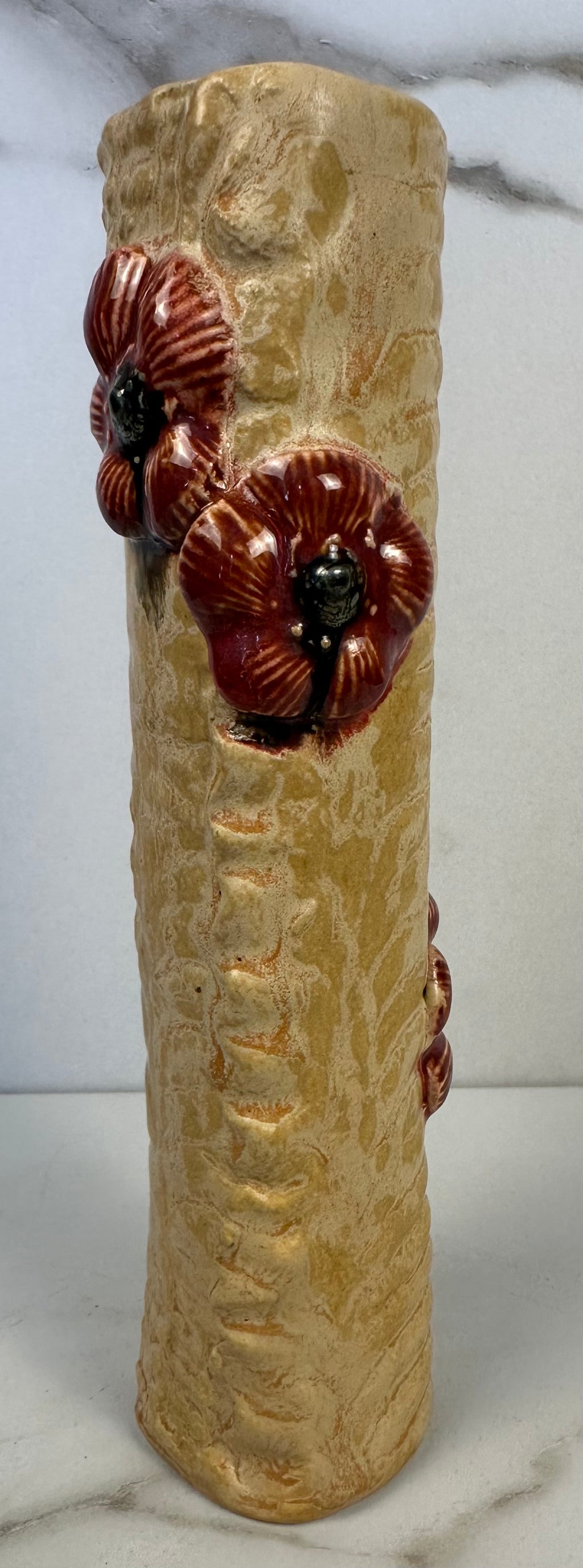 Studio Pottery Vase with Red Poppy Flowers - Artist Signed Meya