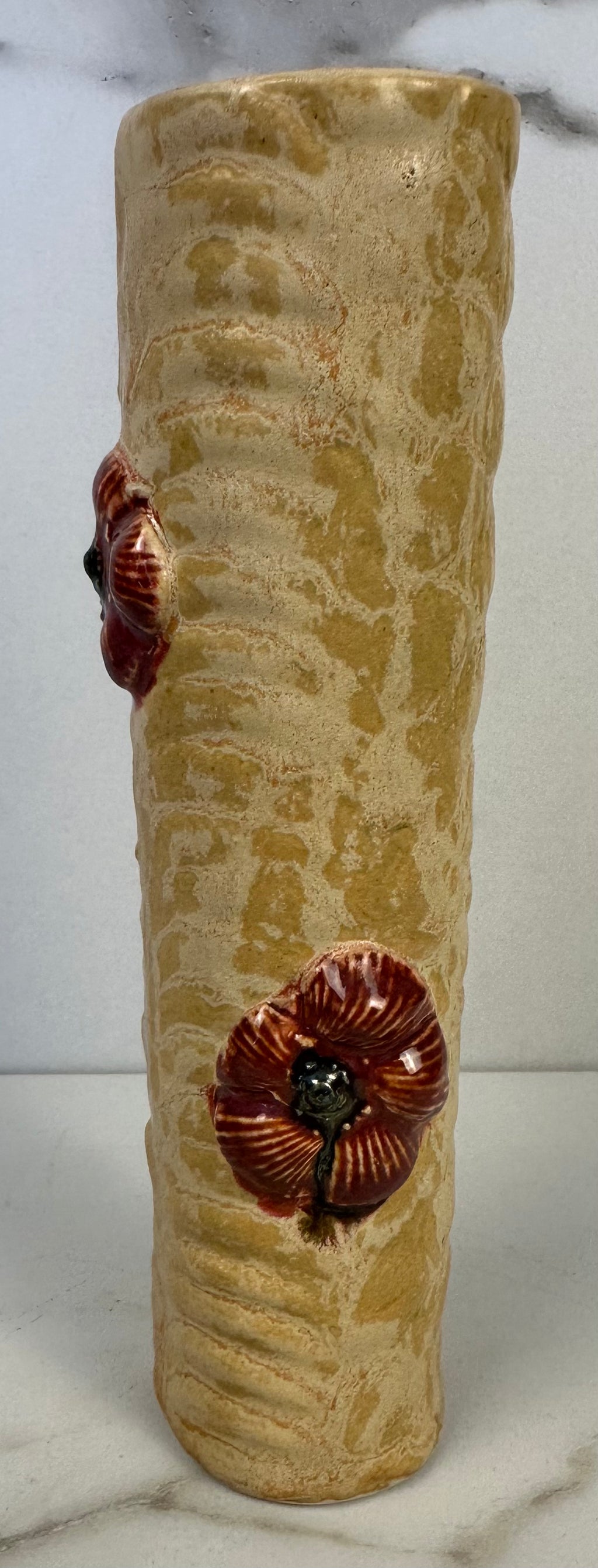 Studio Pottery Vase with Red Poppy Flowers - Artist Signed Meya