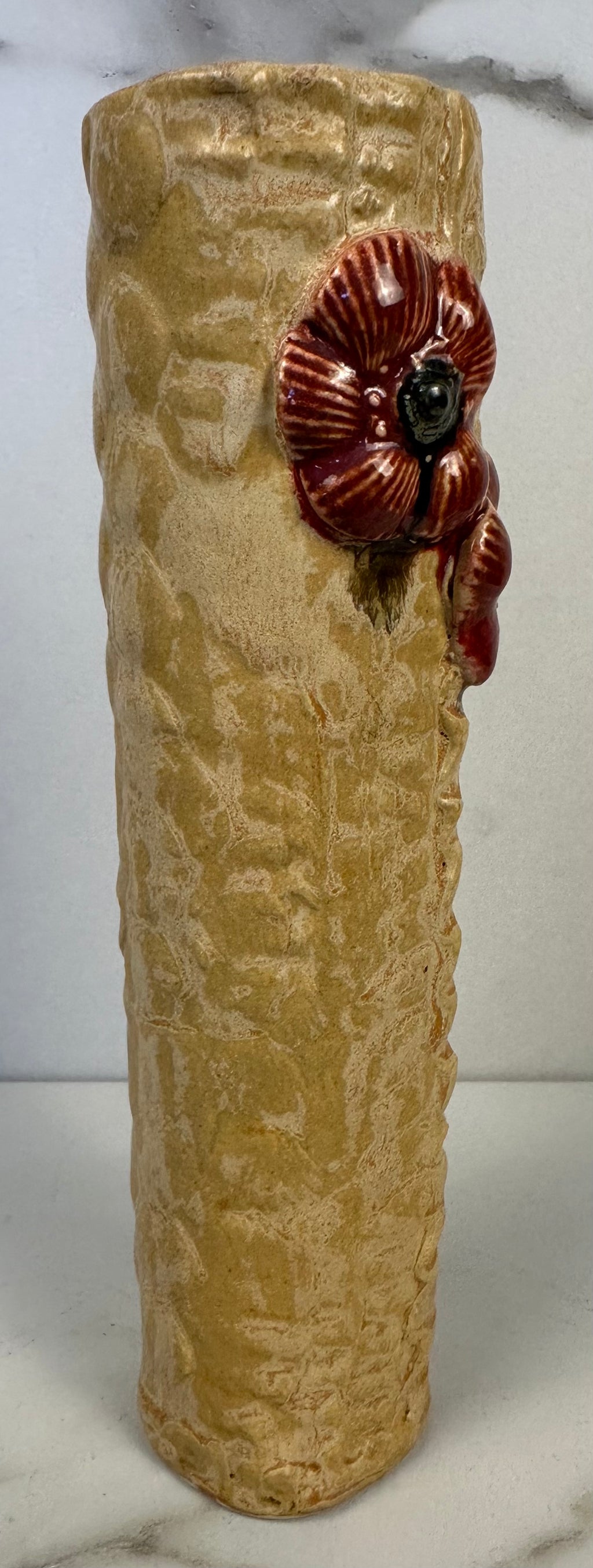 Studio Pottery Vase with Red Poppy Flowers - Artist Signed Meya