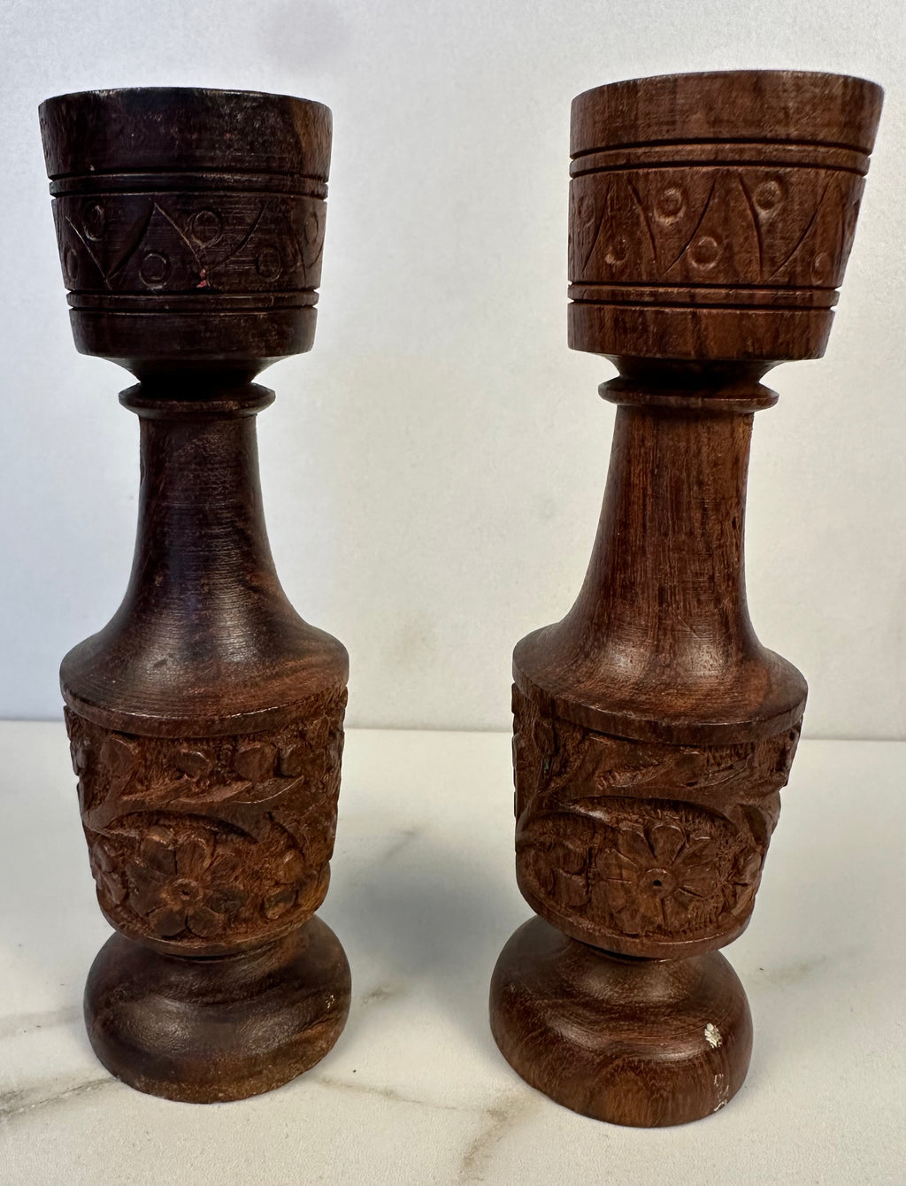 Carved Wood Candle Holders - Pair
