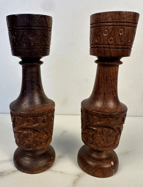 Carved Wood Candle Holders - Pair