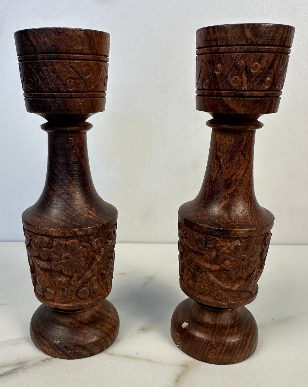 Carved Wood Candle Holders - Pair