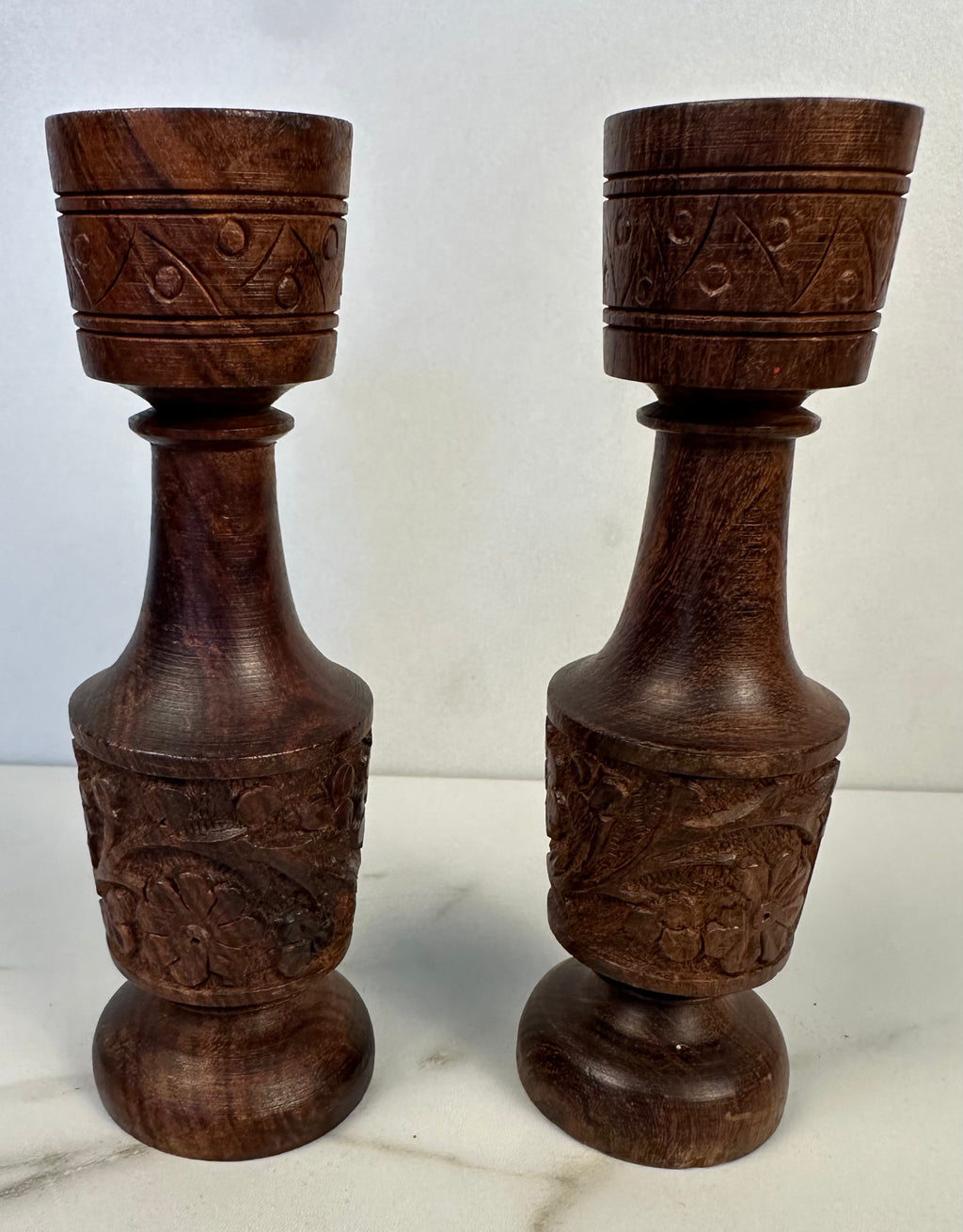 Carved Wood Candle Holders - Pair