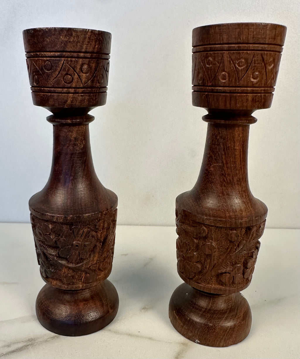 Carved Wood Candle Holders - Pair