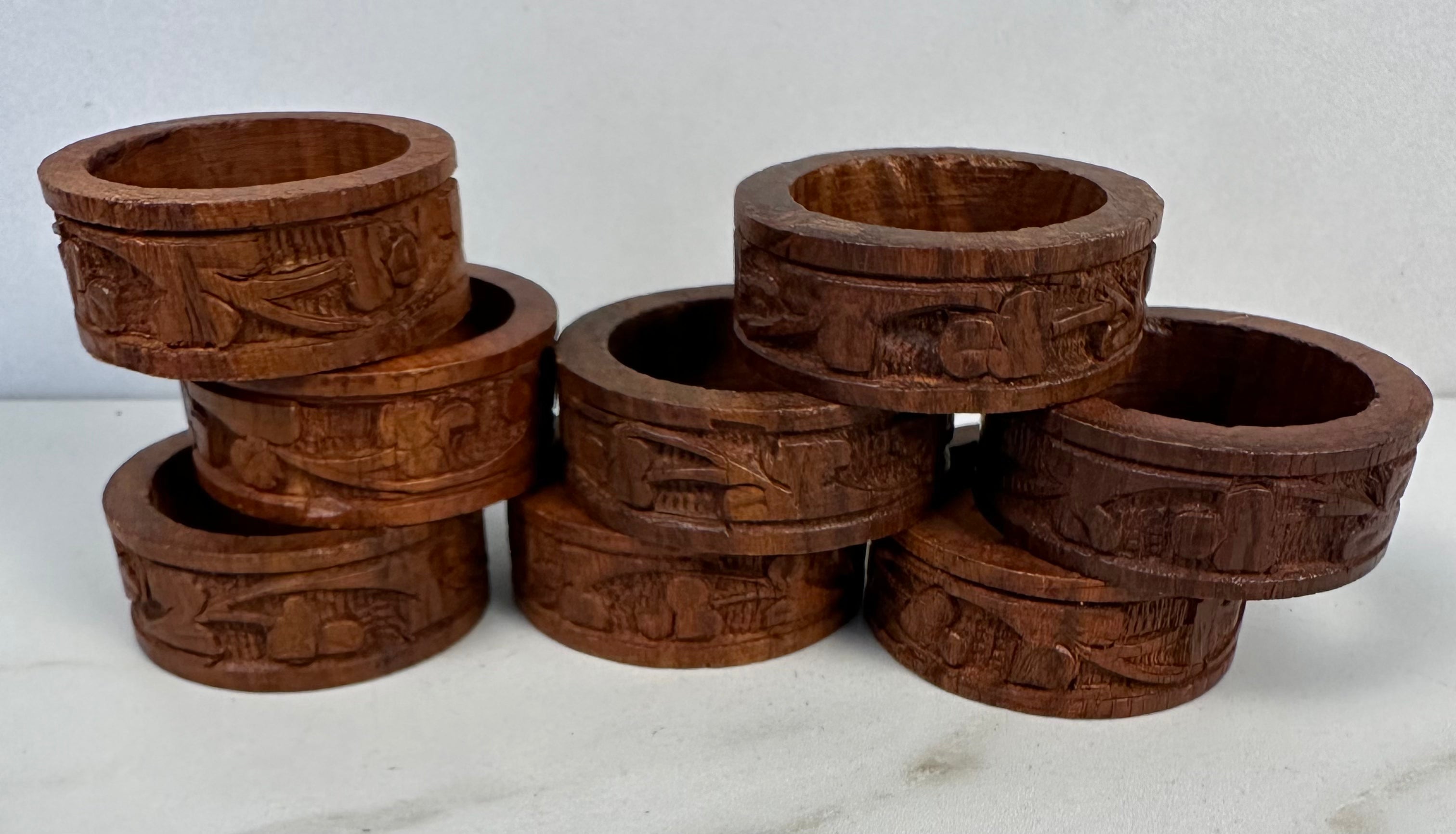 Carved Wood Napkin Rings - Set of Eight