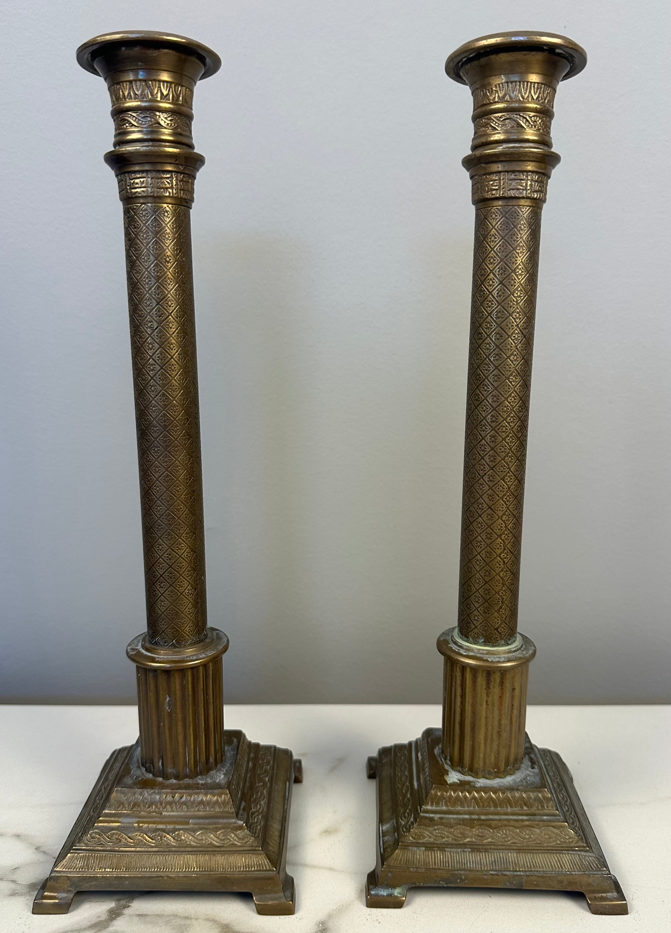 Pair of Etched Brass Candle Holders