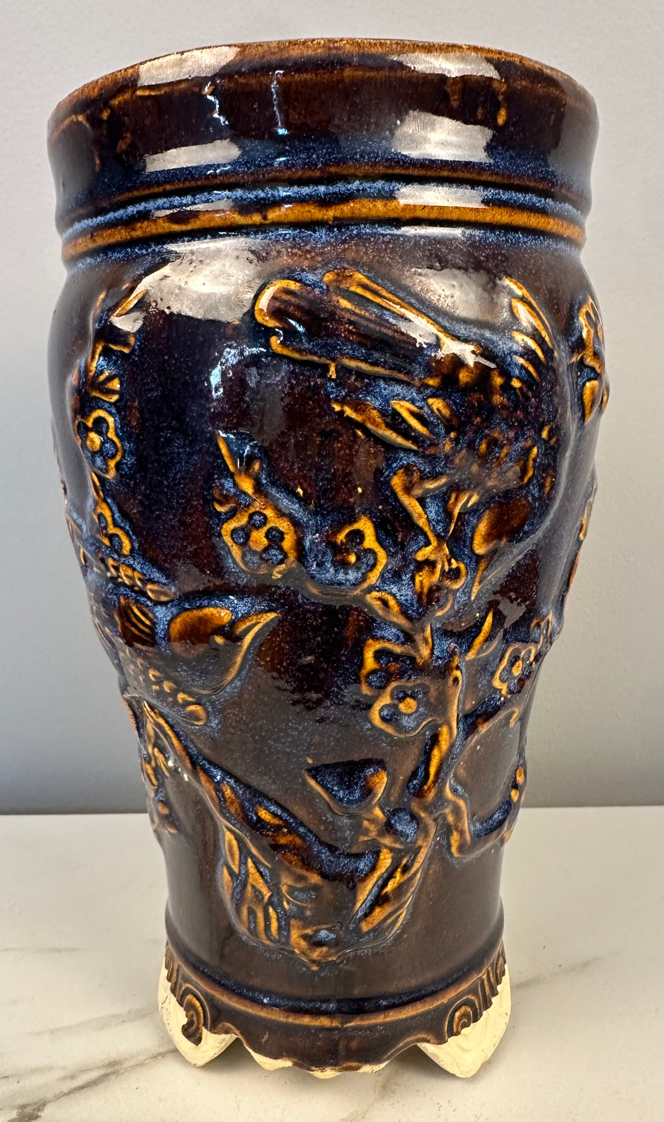 Blue Pottery Relief Vase with Birds and Cherry Blossoms