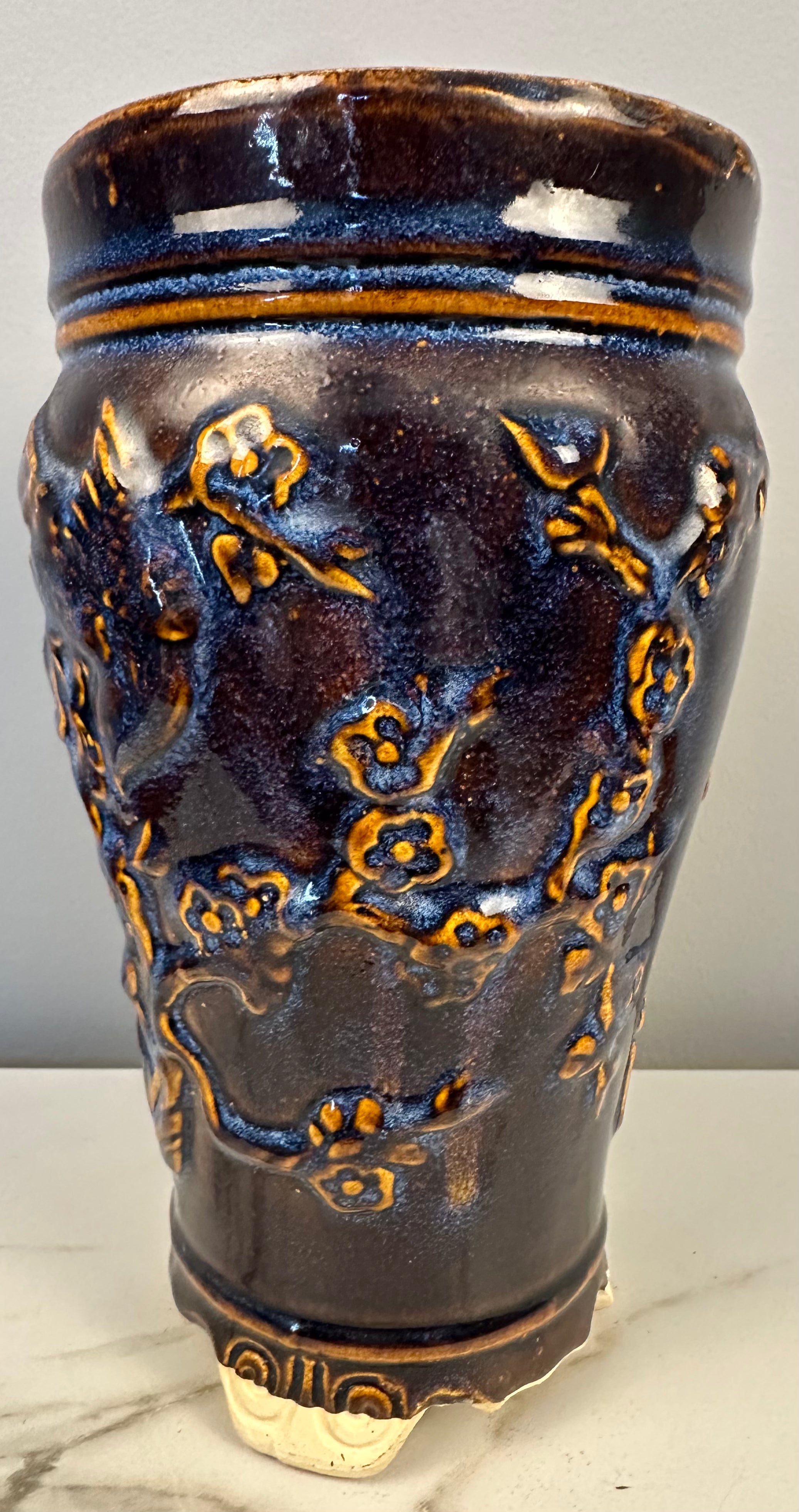 Blue Pottery Relief Vase with Birds and Cherry Blossoms