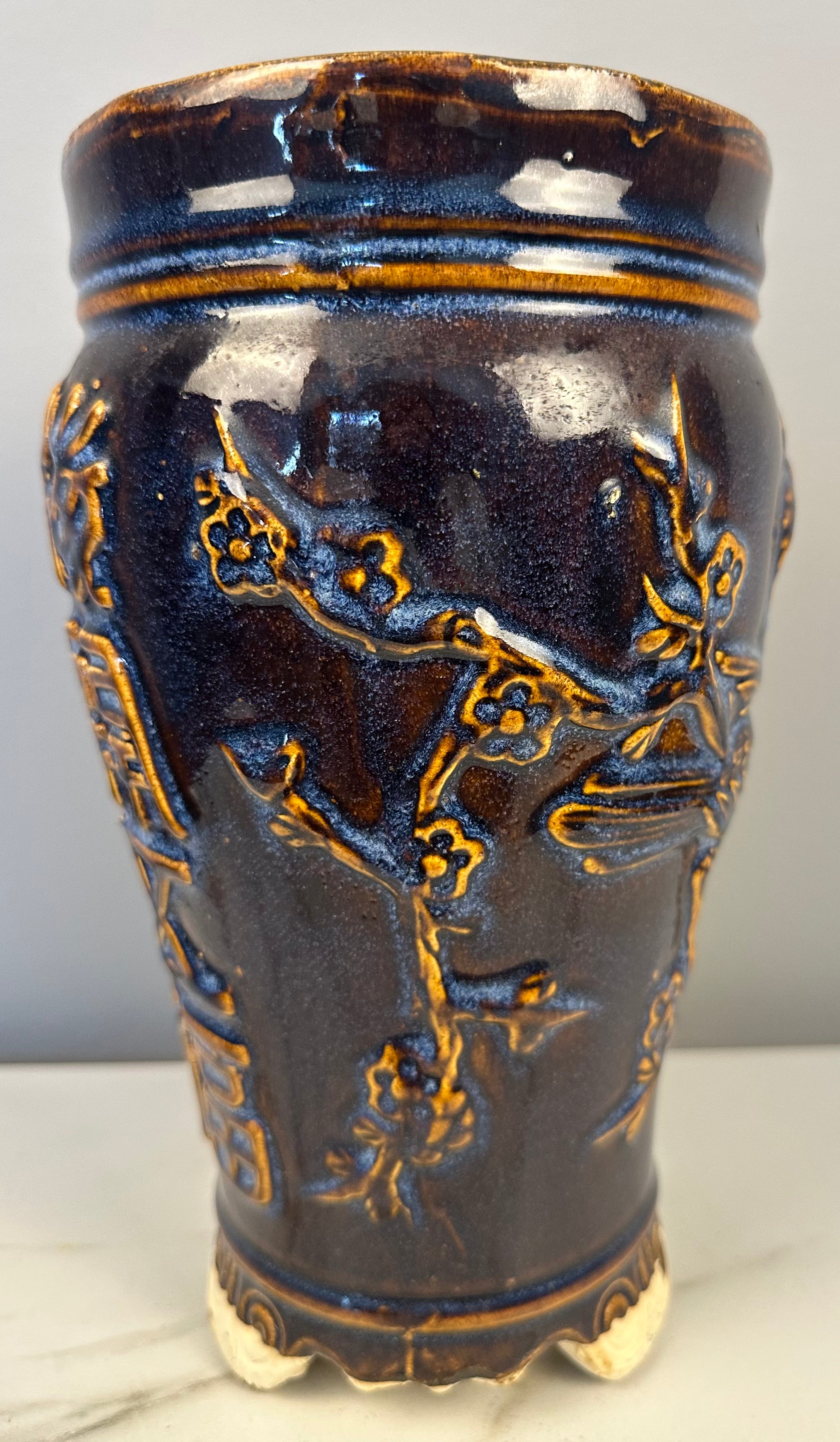 Blue Pottery Relief Vase with Birds and Cherry Blossoms