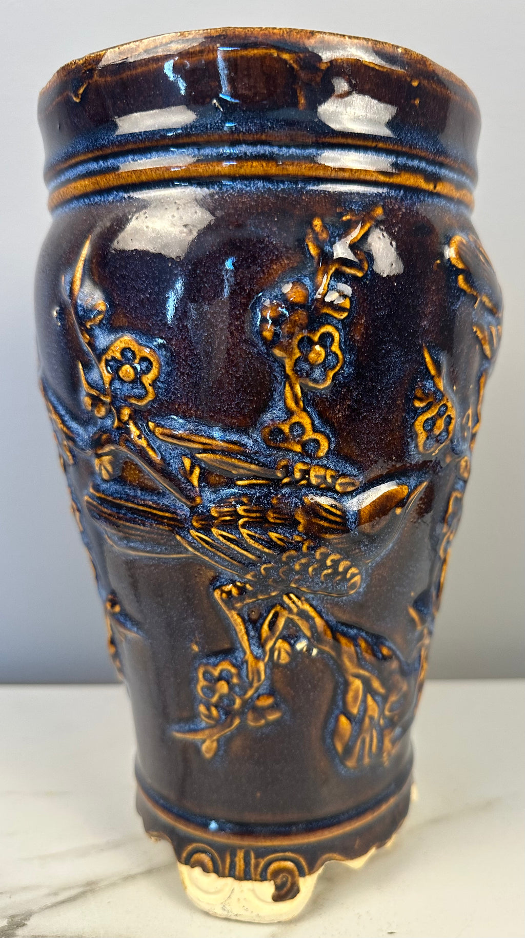 Blue Pottery Relief Vase with Birds and Cherry Blossoms