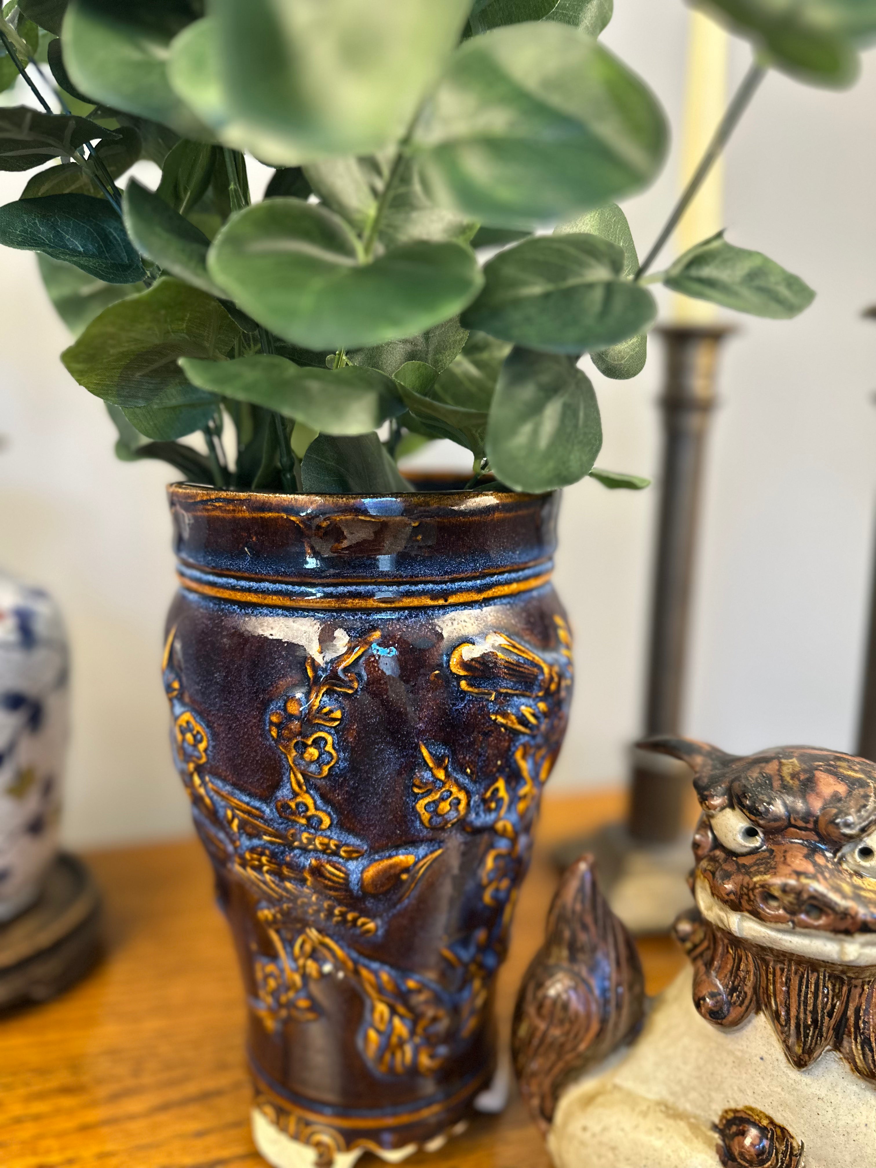Blue Pottery Relief Vase with Birds and Cherry Blossoms