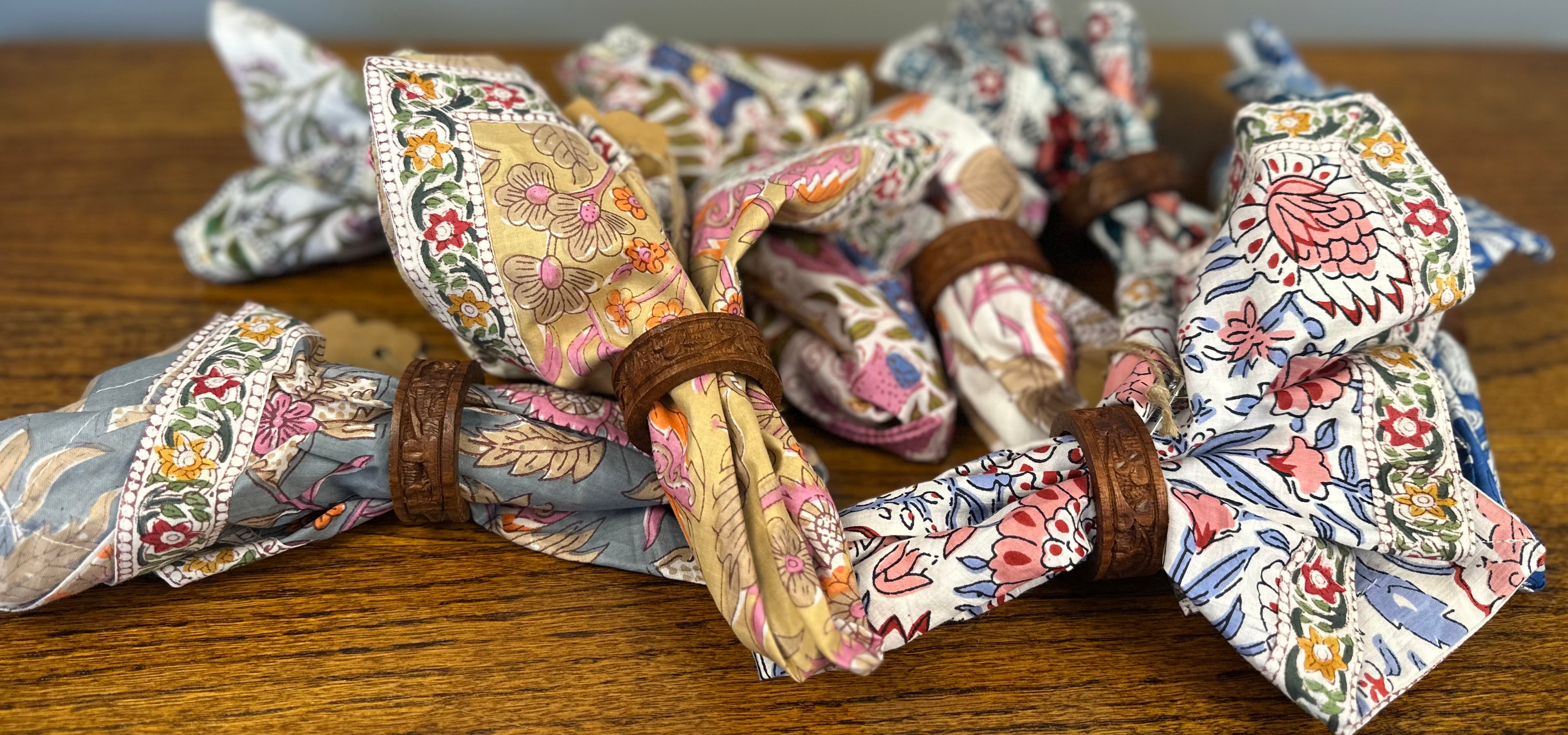 Carved Wood Napkin Rings - Set of Eight