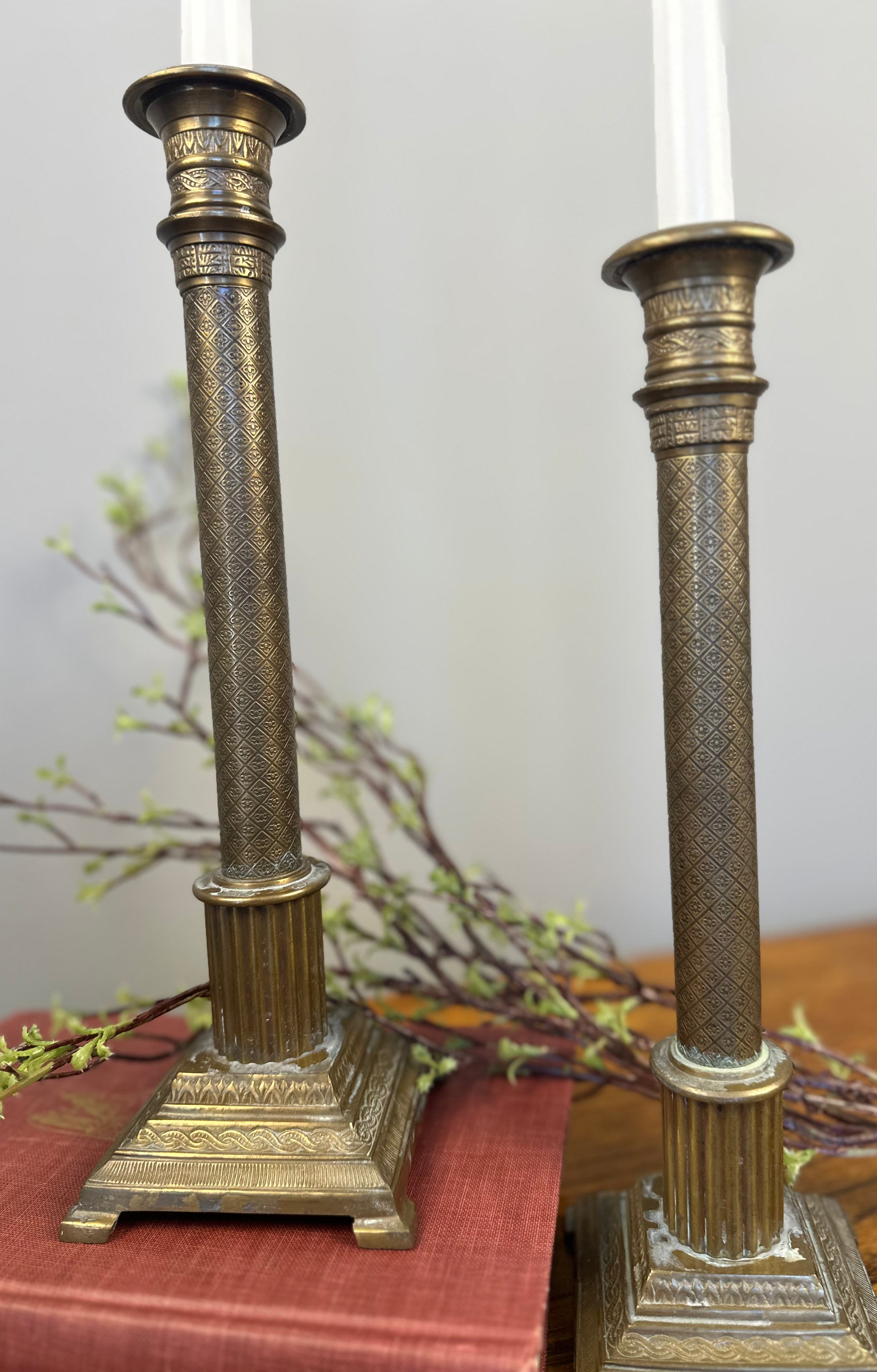 Pair of Etched Brass Candle Holders