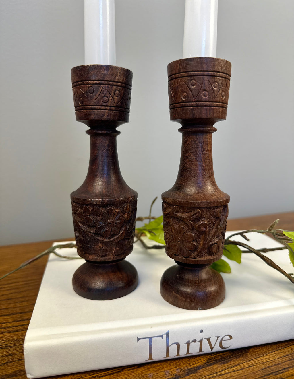 Carved Wood Candle Holders - Pair