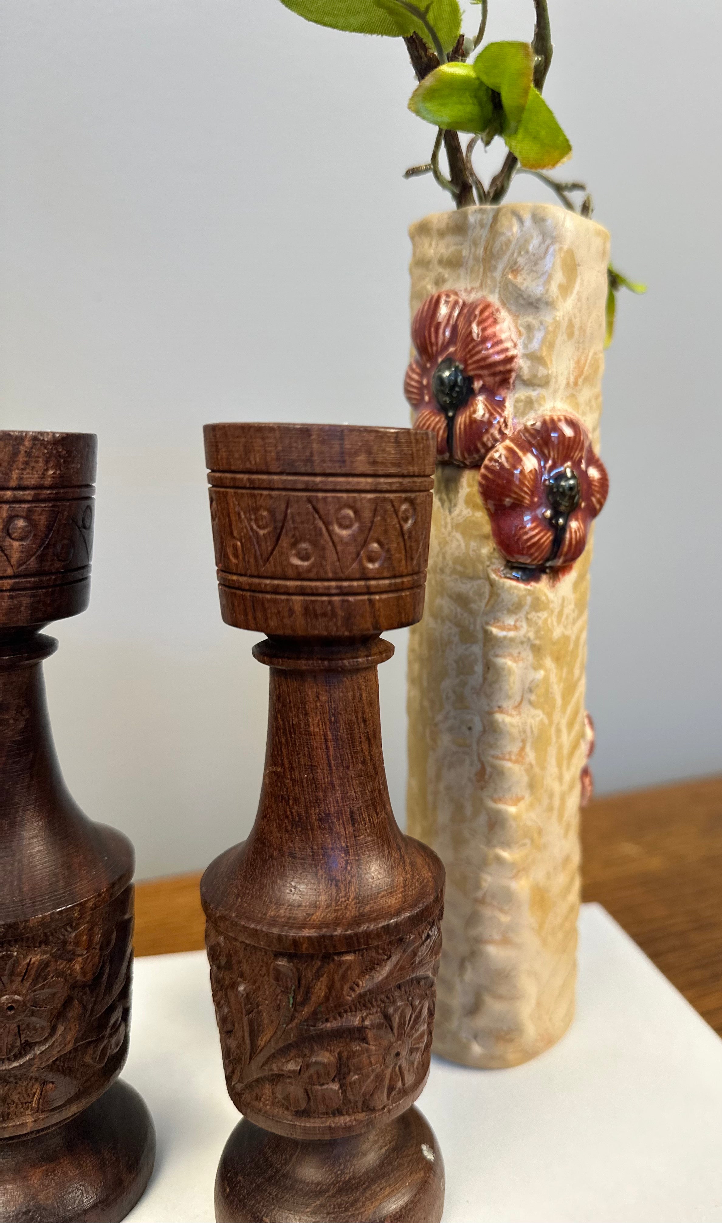 Studio Pottery Vase with Red Poppy Flowers Artist Signed Meya