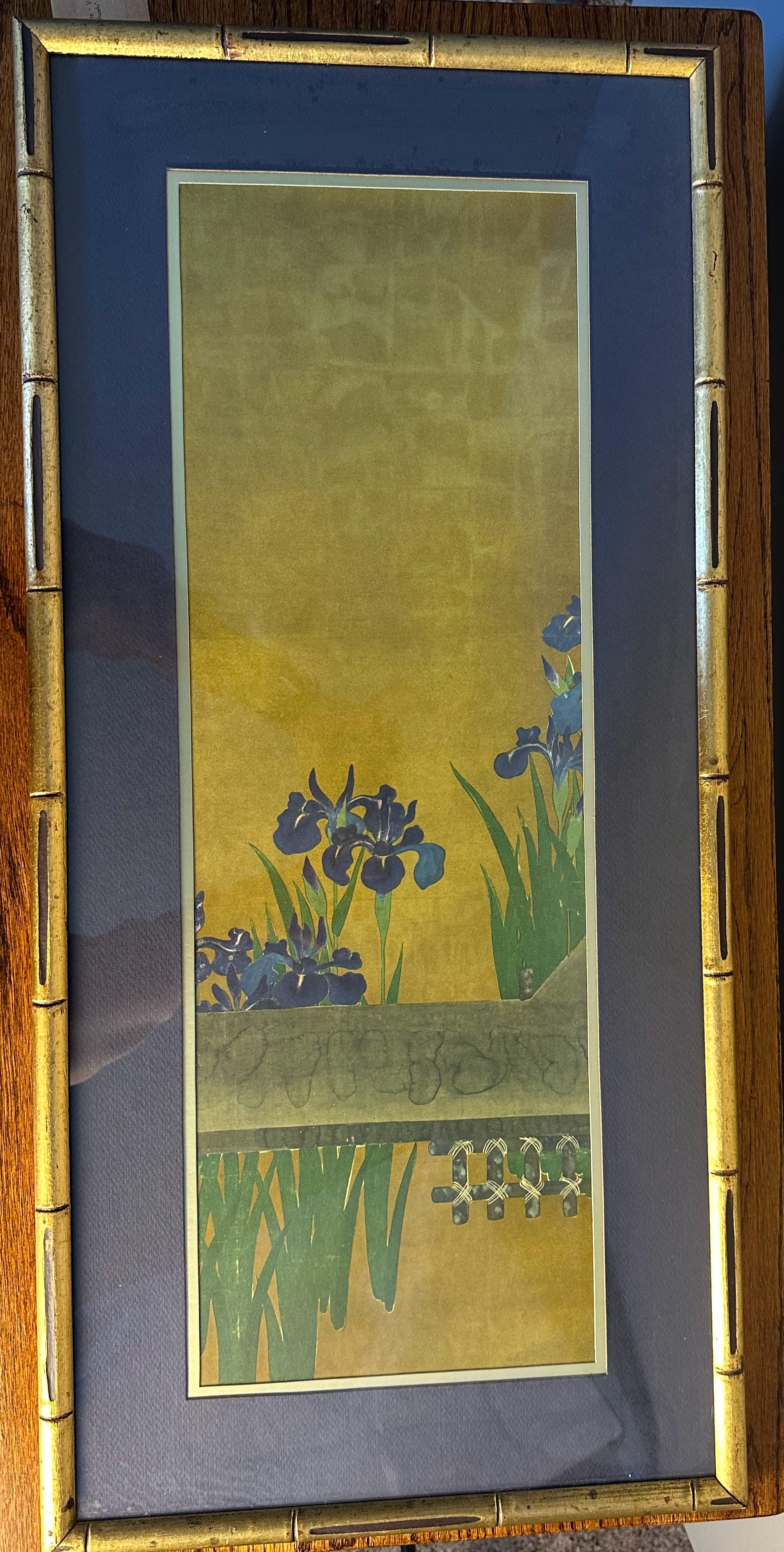 Academy of Arts – Vintage Print of Irises at Yatsuhashi by Ogata Korin (After the 6-Panel Screen, Presented in Gold Bamboo-Style Frame)